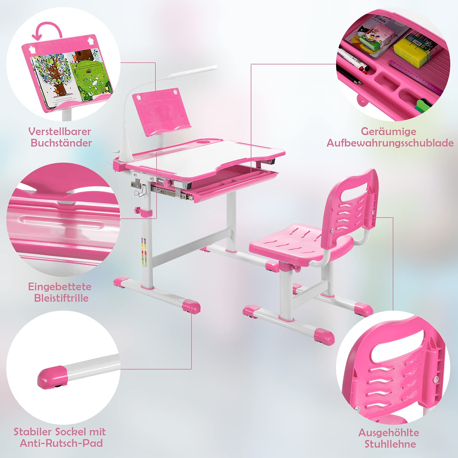 COSTWAY Kinderschreibtisch Set mit Bücherständer & LED-Licht, höhenverstellbarer Kindertisch und Stuhl mit gekippter Tischplatte & Schublade, Kinder Schreibtisch für Jungs & Mädchen (Rosa)