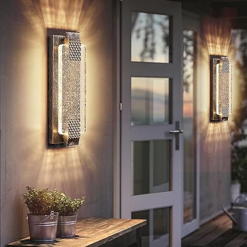 Paquete de 2 luces para exteriores del atardecer al amanecer con cristal de burbujas de cristal, luces LED para porche al aire libre, impermeable,