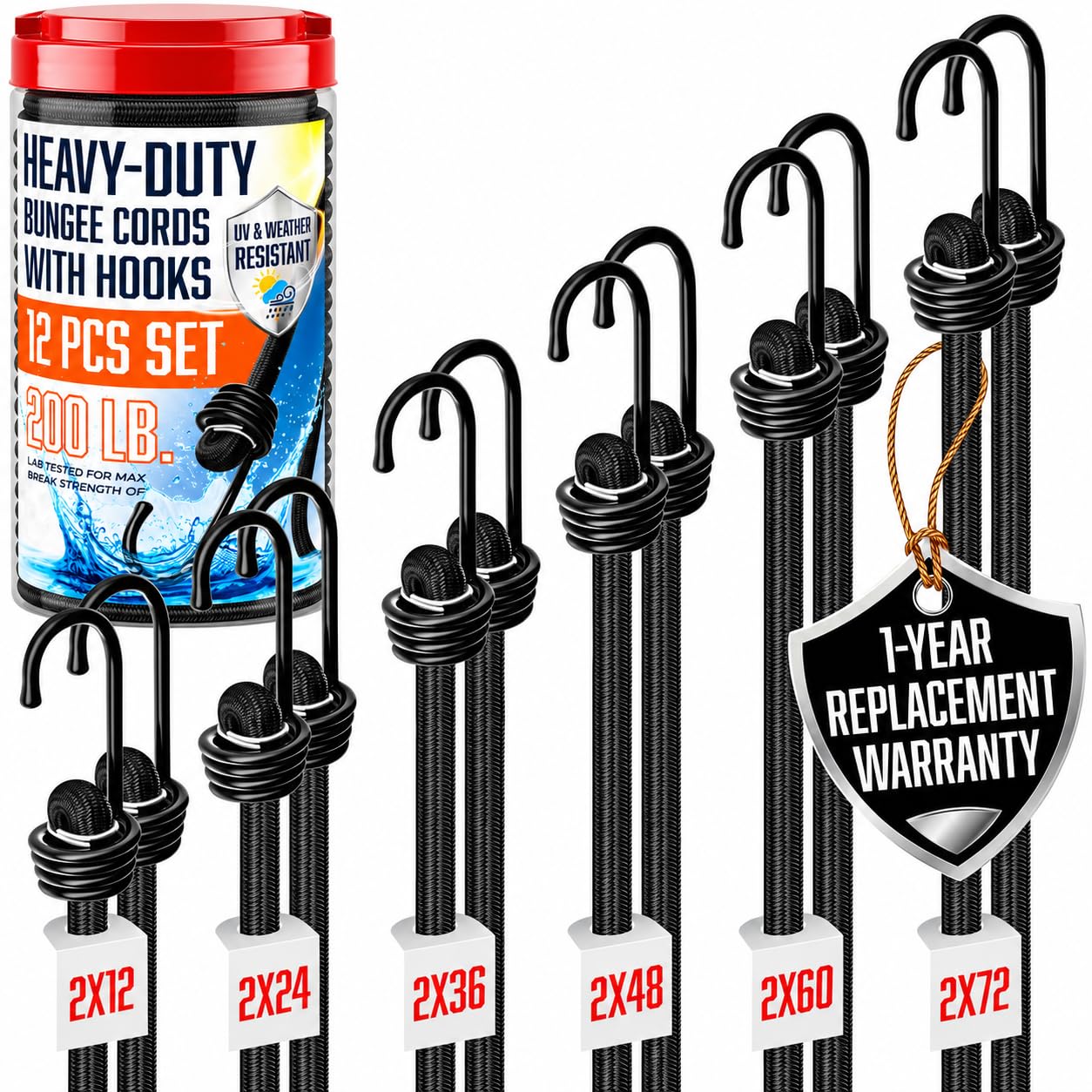 Bungee Cords Heavy Duty Outdoor with Hooks - 12Pc Assorted Sizes Set