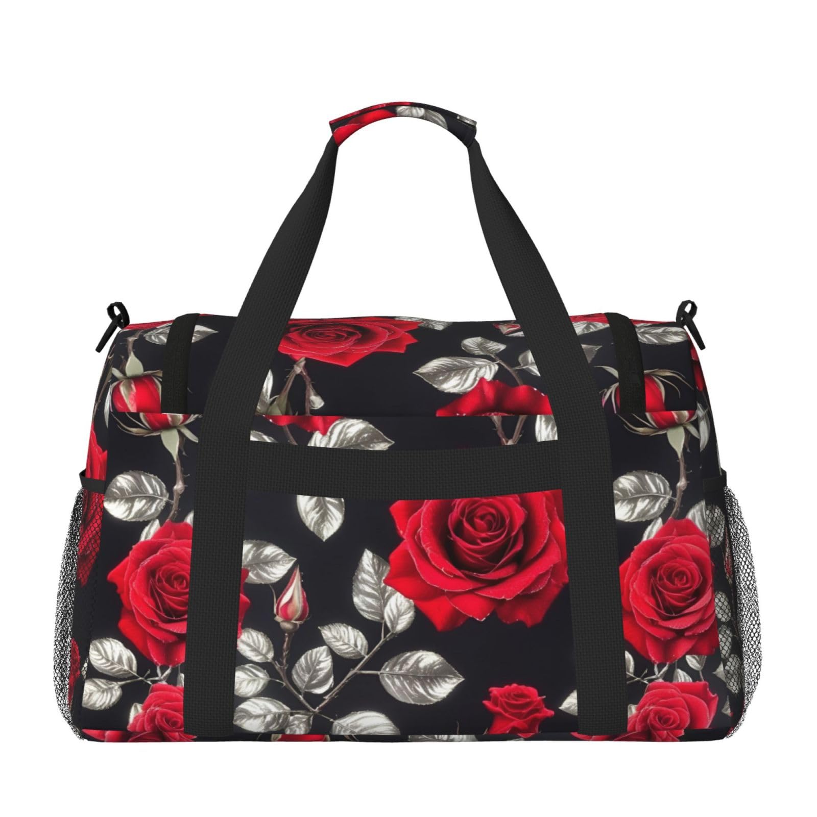 Red Rose Garden - Bolsa de viaje con cremalleras y asas, bolsa de lona plegable grande para vacaciones familiares, Black, Talla única