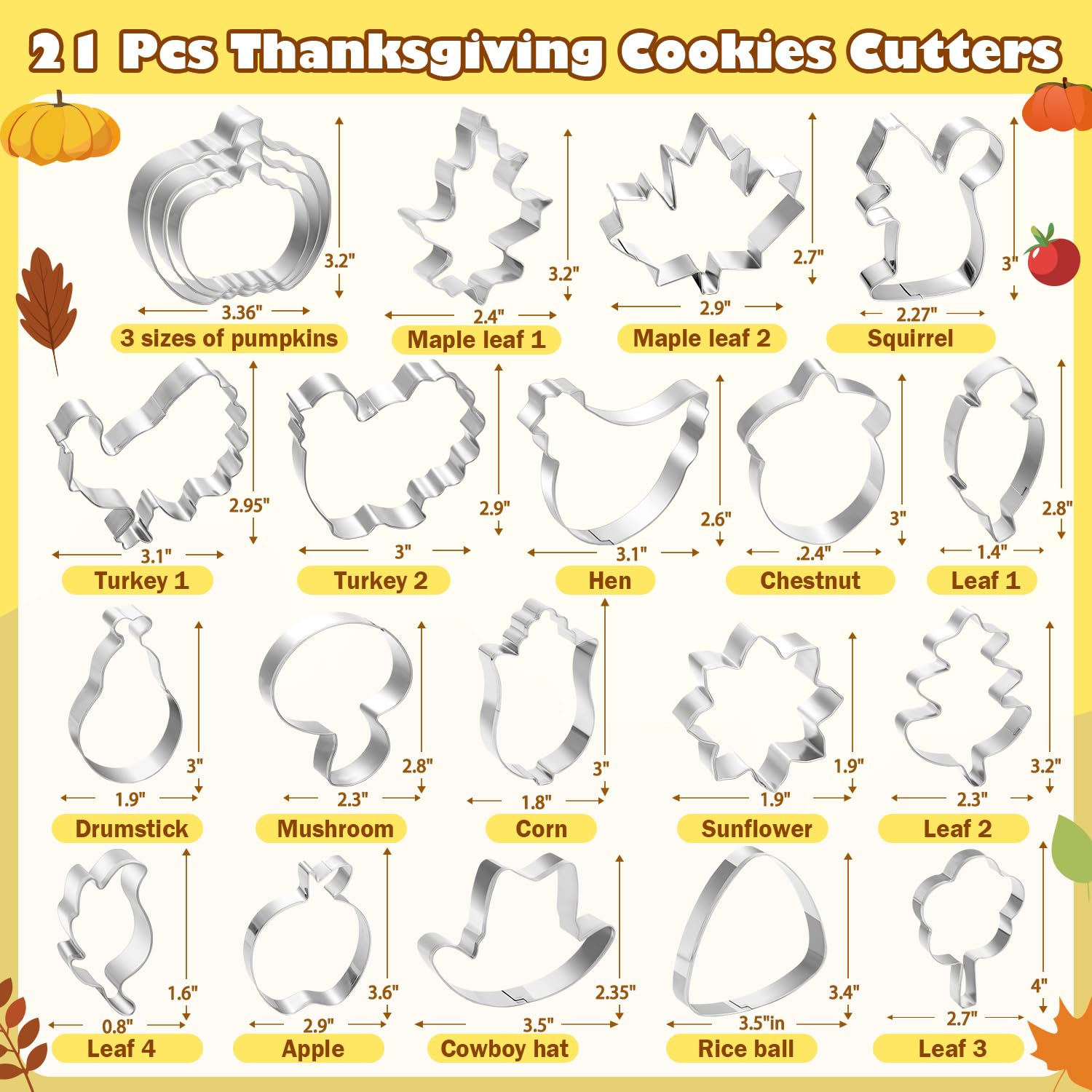 Juego de cortadores de galletas de Acción de Gracias, 21 piezas de acero inoxidable, cortadores de galletas de otoño, formas de pavo, calabaza, hoja de arce, ardilla, bellota, hongos, caramelos, maíz,