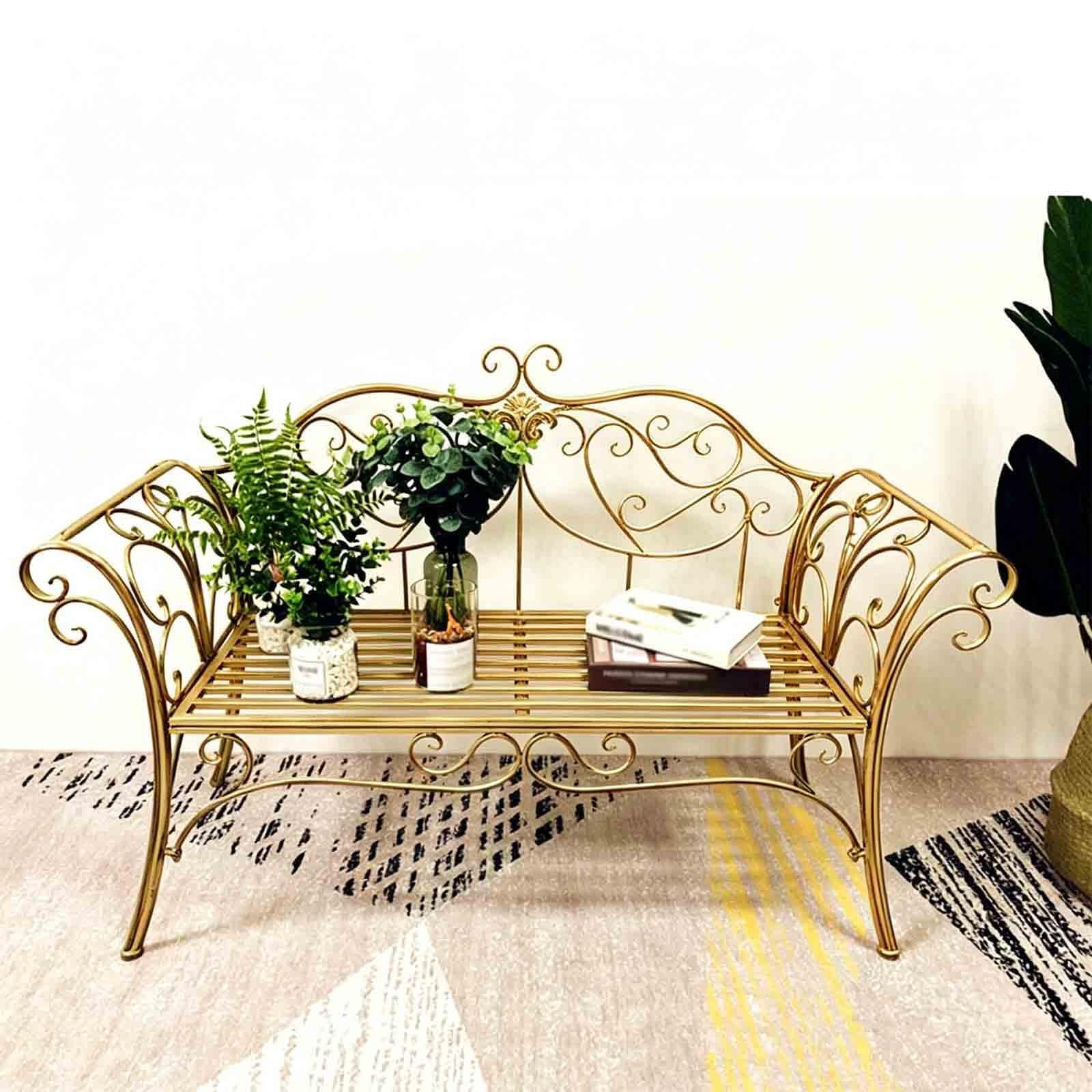 DAJIAYIQI Iron Steel Frame Garden Park Bench, Metal Cutout Bench with Mesh Pattern, Outdoor Chair for Yard, Front Porch(Gold)