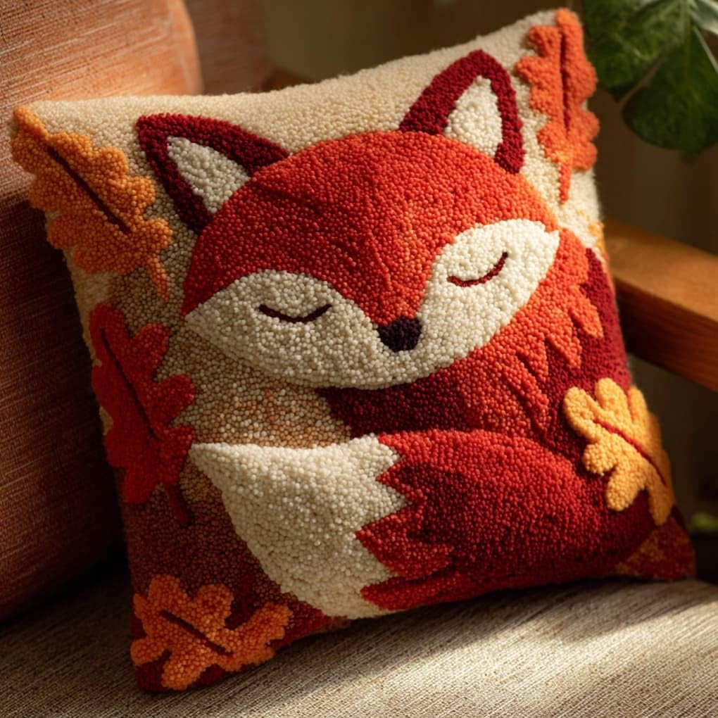 AxiangziK Latch Hook Pillow Kit for Adults,Red Fox 17X17In Latch Hook Kit for Pillow Cover with Instruction for Beginner Cross Stitch Sofa Cushion Cover with Crochet Yarn for Beginners and Home Decor