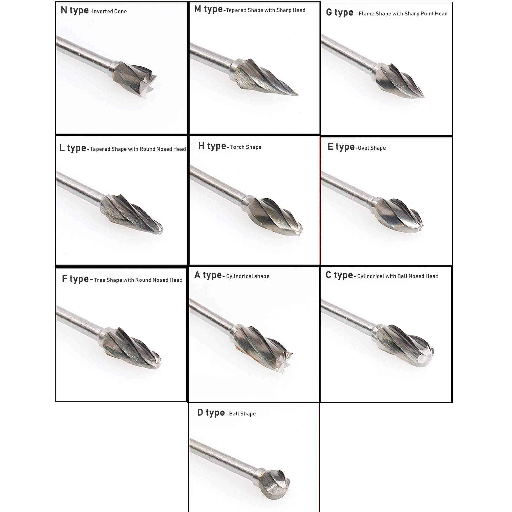 DLtools 10pcs Aluma Cut Tungsten Carbide Rotary Burr Set, Metal Carving Drilling Polishing Cutter Bits with 1/8"(3mm) Shank and 1/4"(6mm) Head Dia for Die Grinder Drill Aluminum and Wood — Amazon image 2