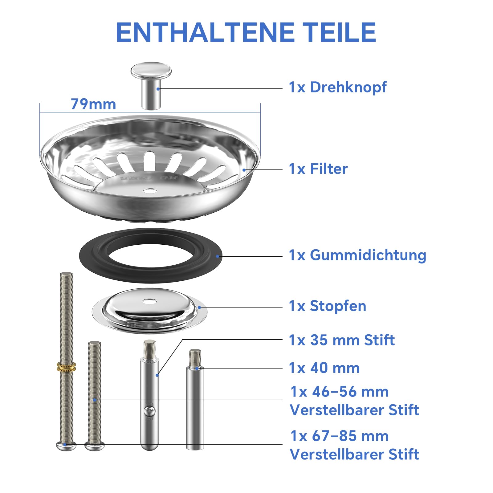 SURFOU Tappo Lavandino Cucina 79mm in Acciaio Inox, Filtro per Lavello, 2 Perni Eccentrici Regolabile e 1 Perno in Inossidabile, Accessori Universali per Scarico Tappi piletta