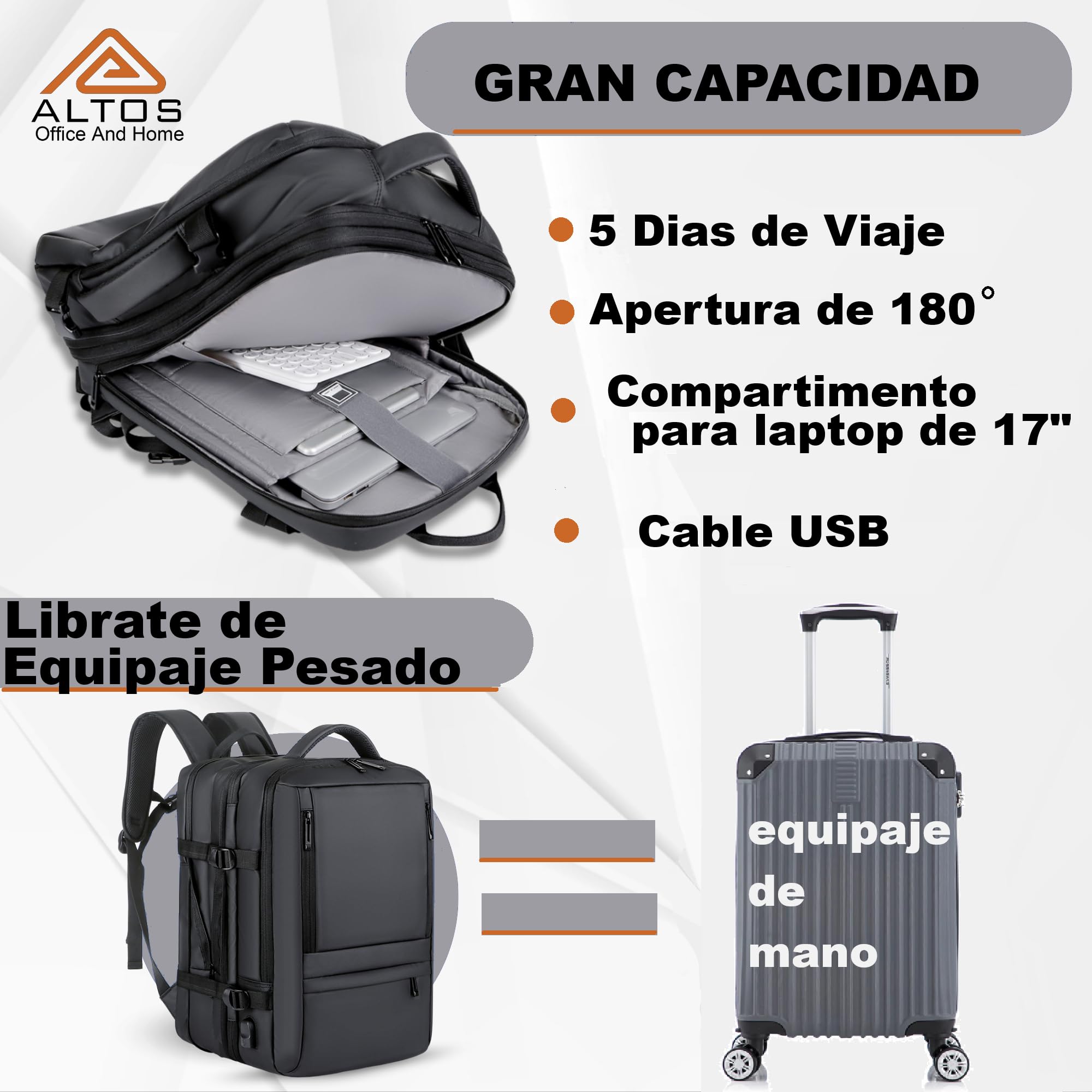 ALTOS OFFICE AND HOME Mochila 45x30x20 cm expandible equipaje de mano 45L para portátil 17 pulgadas impermeable maleta cabina viaje avión compatible con RyanAir/Vueling/EasyJet/Etc. cuero sintético