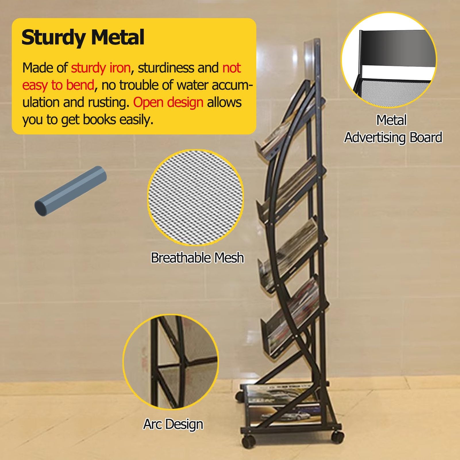 IBOWZ Stojak na czasopisma stojak na czasopisma 150 cm wysoki stojący stojak na czasopisma/półka na książki, stojak na broszury na biurku / katalog organizer do przechowywania literatury, wąski stojak