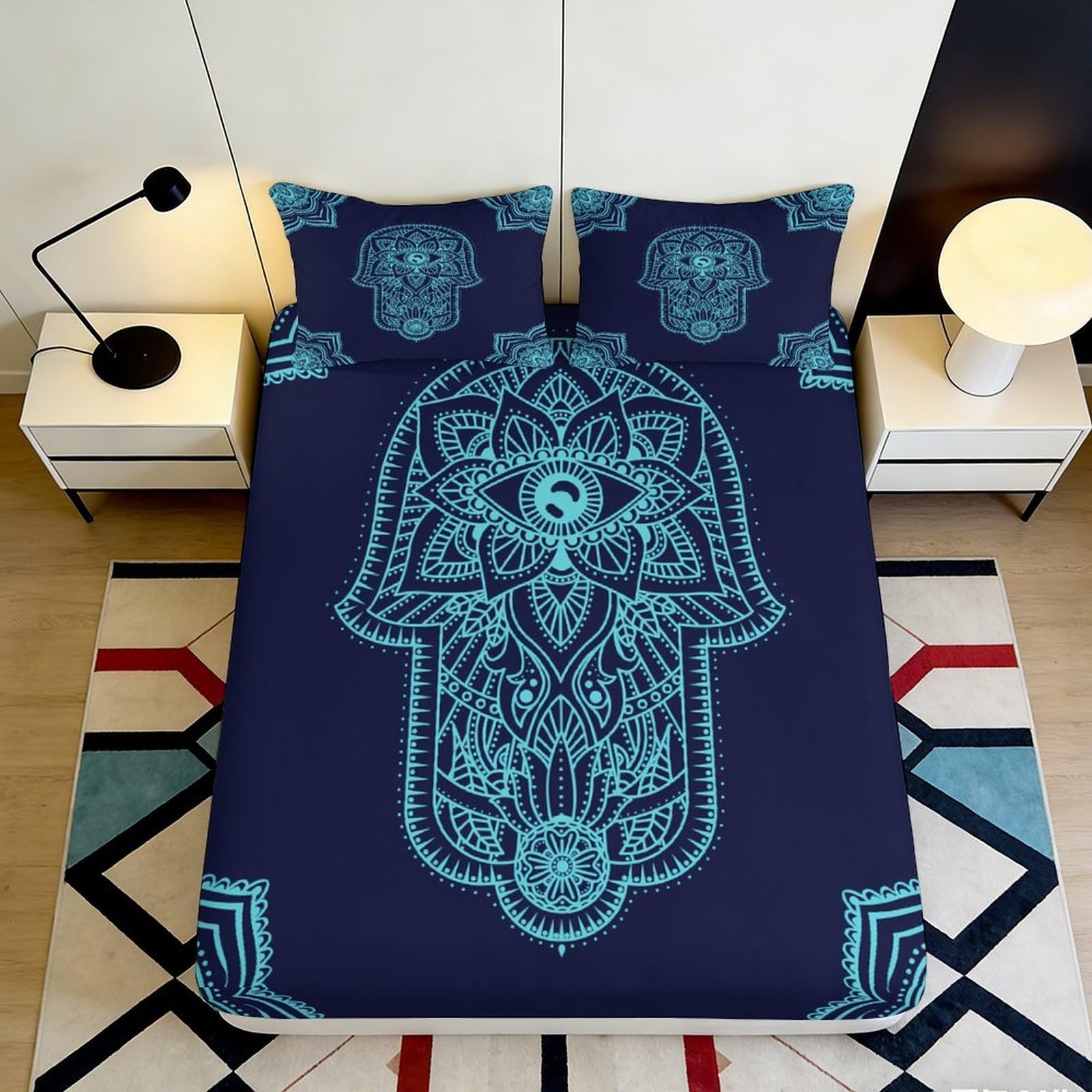 Pnayamiorkfel Style-9 3D Printed Hamsa Hand Fitted Sheet Microfiber Soft Breathable Mandala Bed Cover For Bedroom Dorm Decor 90X200x25cm
