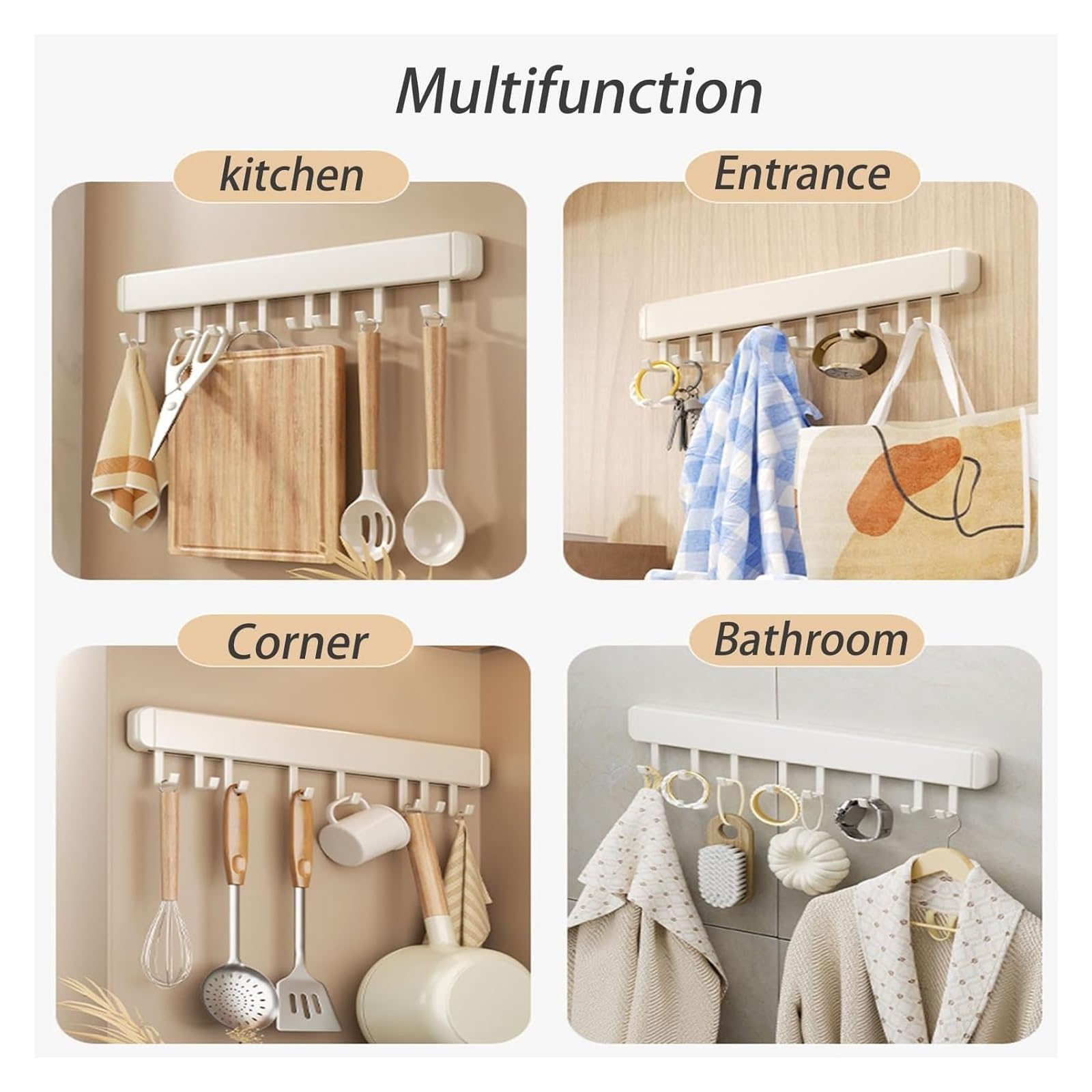 Küchenutensilienhalter, Utensilien-Organizer, Wandhalterung for Küchenutensilien, abnehmbare Haken for Utensilienhalter, Utensilienaufhänger ohne Bohren, platzsparende Wandhaken for die Küche(60cm)
