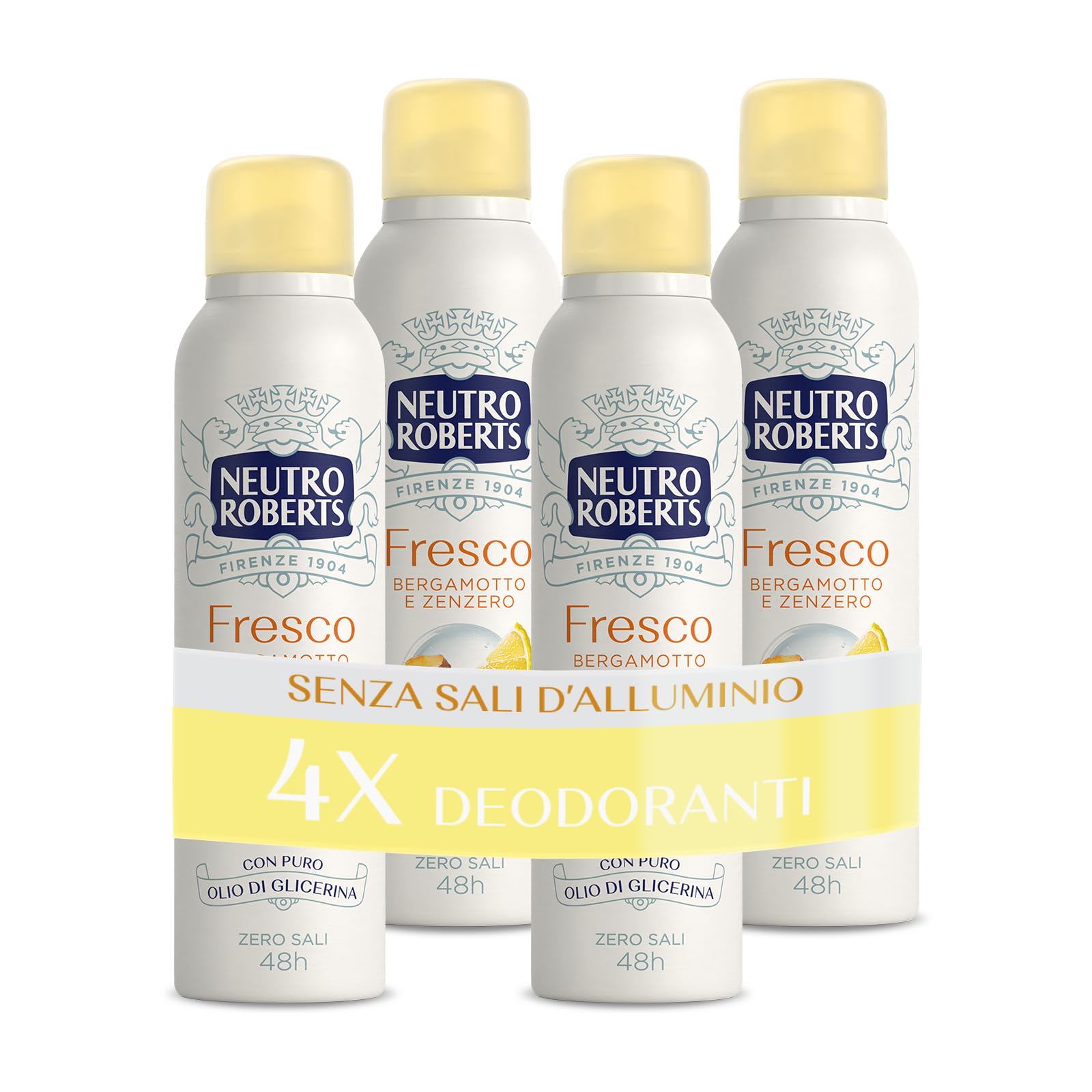 Neutro Roberts Deodorante Spray Fresco Giallo, Bergamotto e Zenzero, Zero Sali di Alluminio, Zero Macchie, con Puro Olio di Glicerina, Uomo e Donna, Dermatologicamente testato, 48h - 4 Pezzi da 150 ml