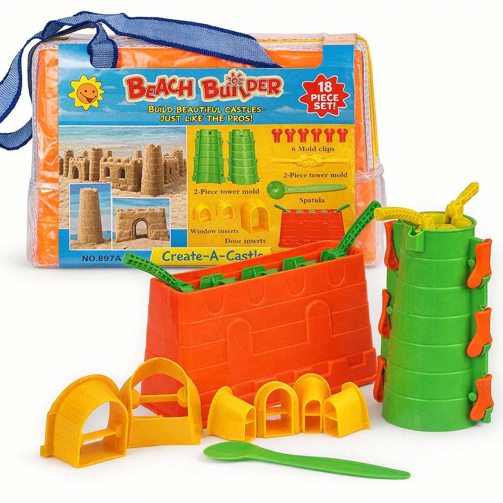 Beach Builder Create a Sand Castle Pro Building Split Mold Sand Castle Construction, Plastic Beach Toy for Kids (18 Pcs)