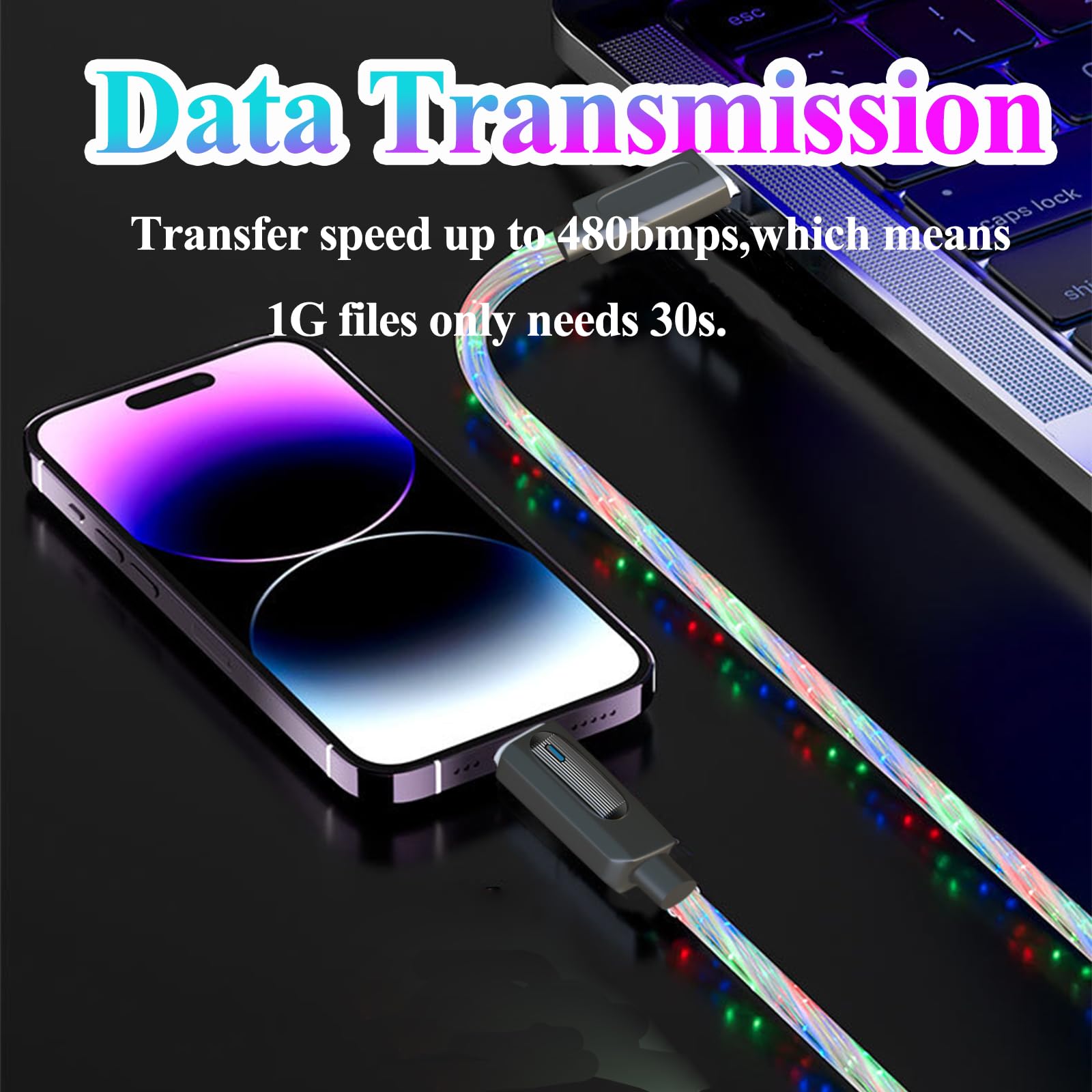 Confezione da 2 cavi USB C luminosi da 2 m, multicolore cielo stellato, da
