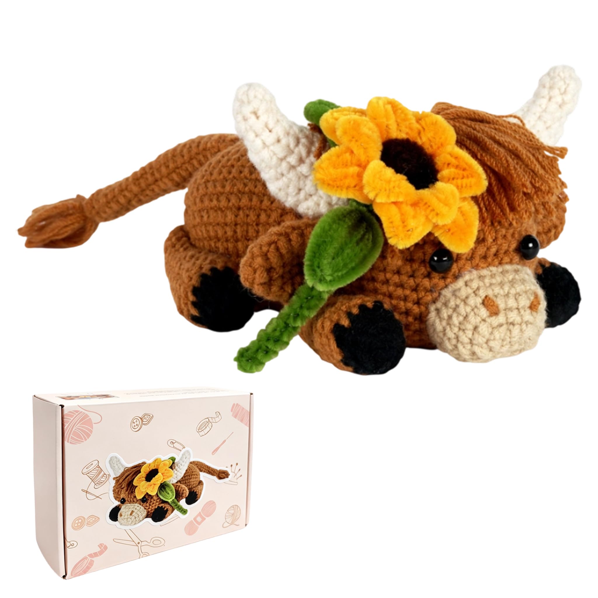 Highland Cow Gifts For Women, Highland Cow Crochet Kits For Beginners Adults, Amigurumi Plush Kit With Pipe Cleaners For Sunflower, Step-By-Step Video Tutorials, Soft Yarn & Full Crochet Supplies