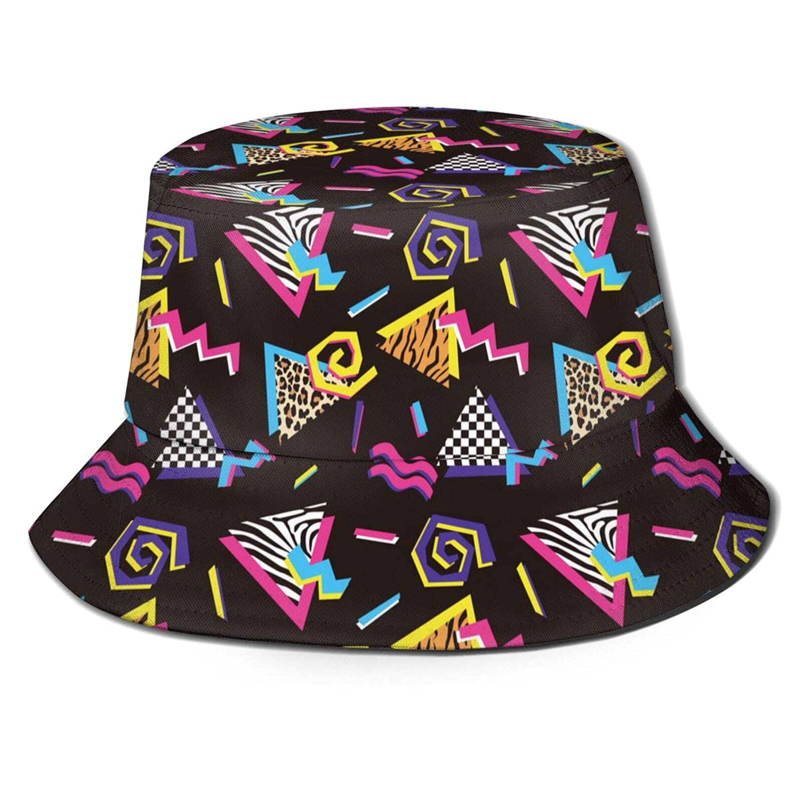 Shuwekk Sombrero retro vintage de los años 80 o 90 con estampado de leopardo geométrico para hombres y mujeres, estampado de moda, para viajes de verano, playa, sol, pescador, gorras, color negro