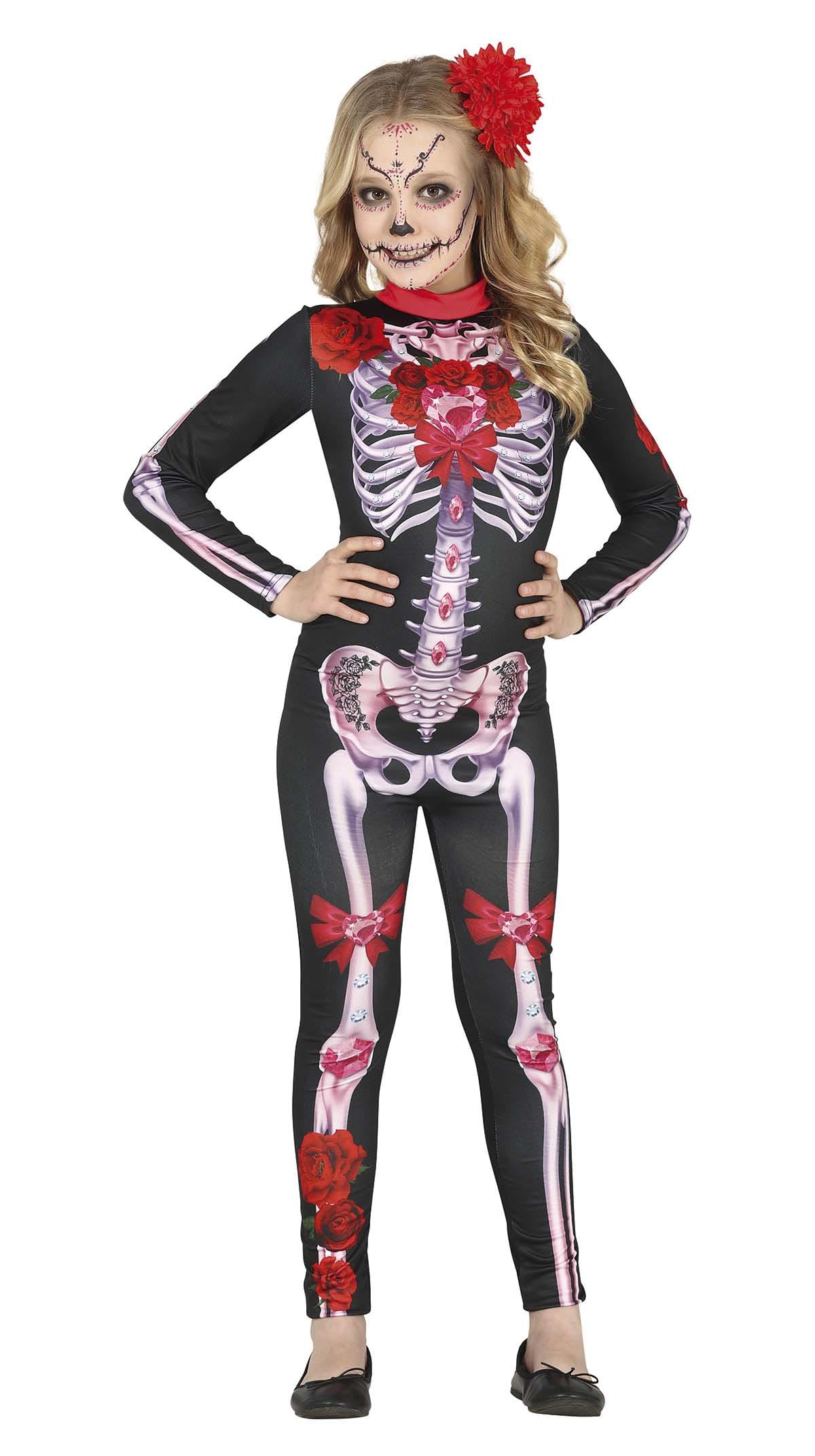 FIESTAS GUIRCA Day of the Dead Fancy Dress Costume - Long Jumpsuit with cool Skeleton, Flowers and Jewels Print for Girls 10-12 Years