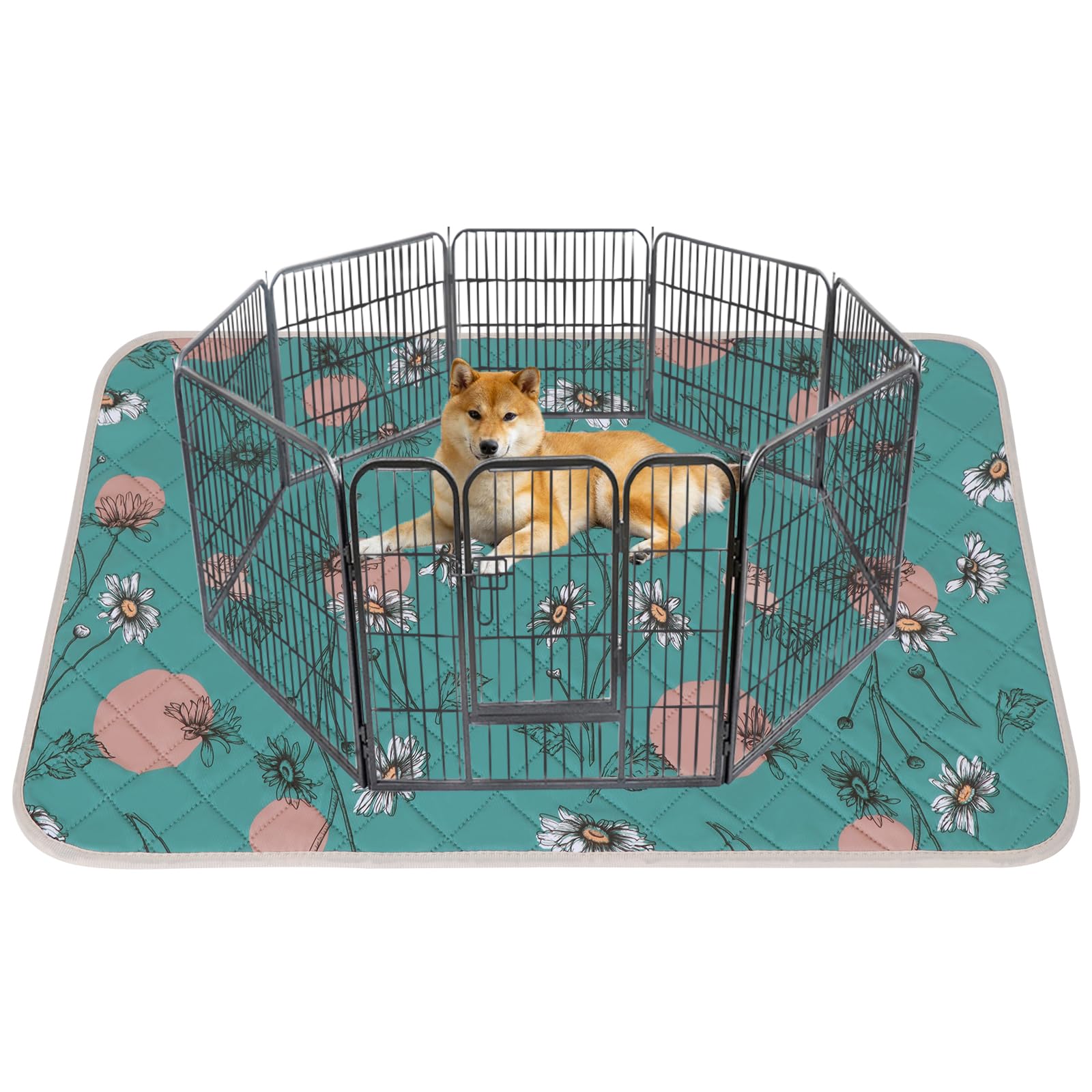 IEUUMLER Washable Pee Pads for Dogs, 1 Pack Waterproof & Non-Slip Pack Whelping Pad, Reusable Washable Puppy Potty Training Pad with Fast Absorbent for Playpen FC013 (Teal Daisy,121*122 cm-1 pcs)