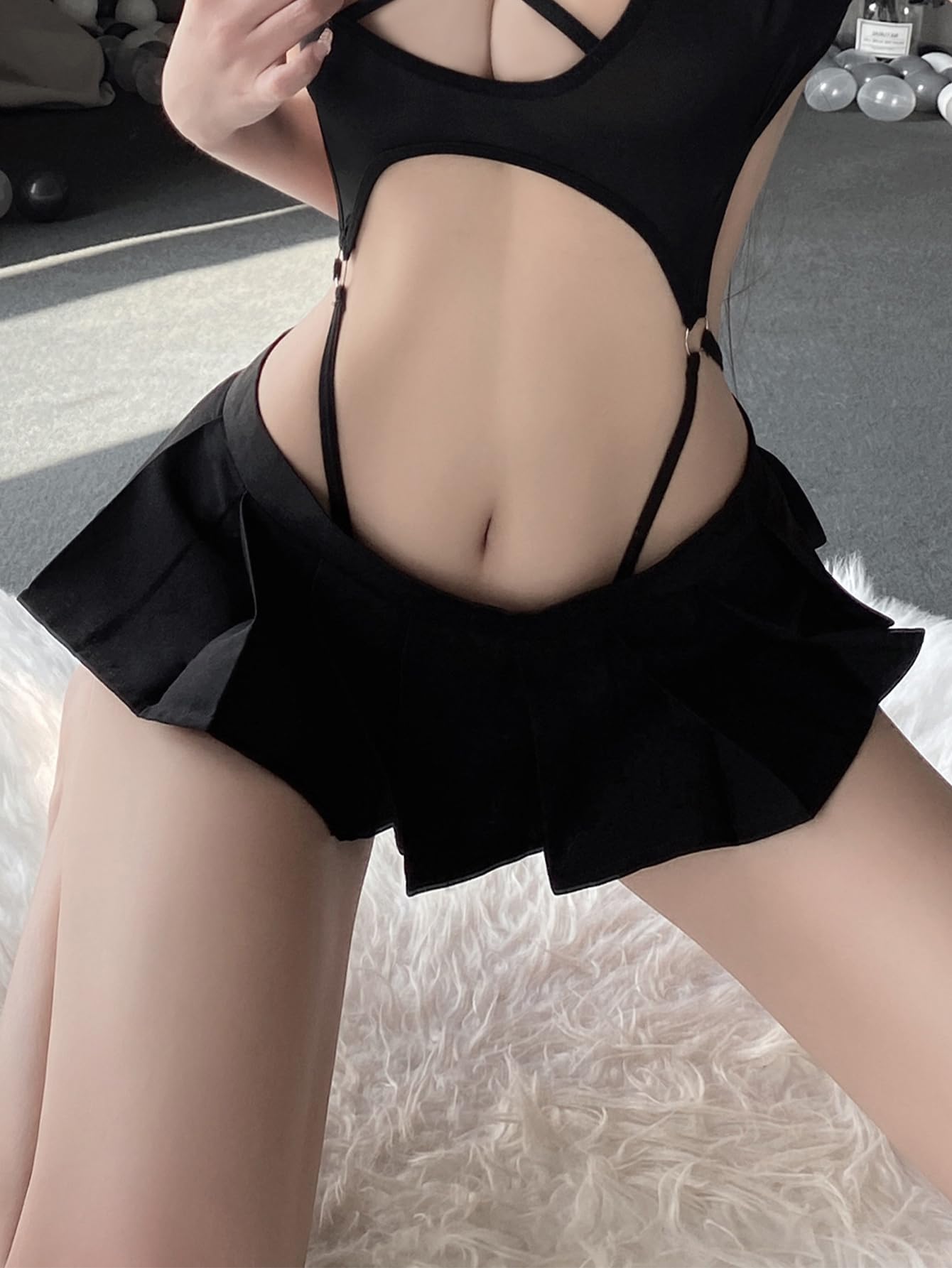Ladies Sexy V Neck Fun Nightdress Underwear Anime Lingerie Cosplay Bodysuit Tie Top Set: One Size Black Bodysuit and Dress