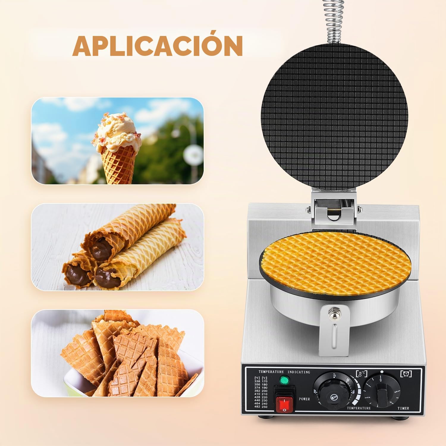 CGOLDENWALL Maquina de Barquillos Helado Eléctrica 1000W, con Antiadherente Revestimiento, Temperatura y Tiempo Ajustable, Comercial Máquina Gofrera para Conos para Cafeterías y Restaurantes