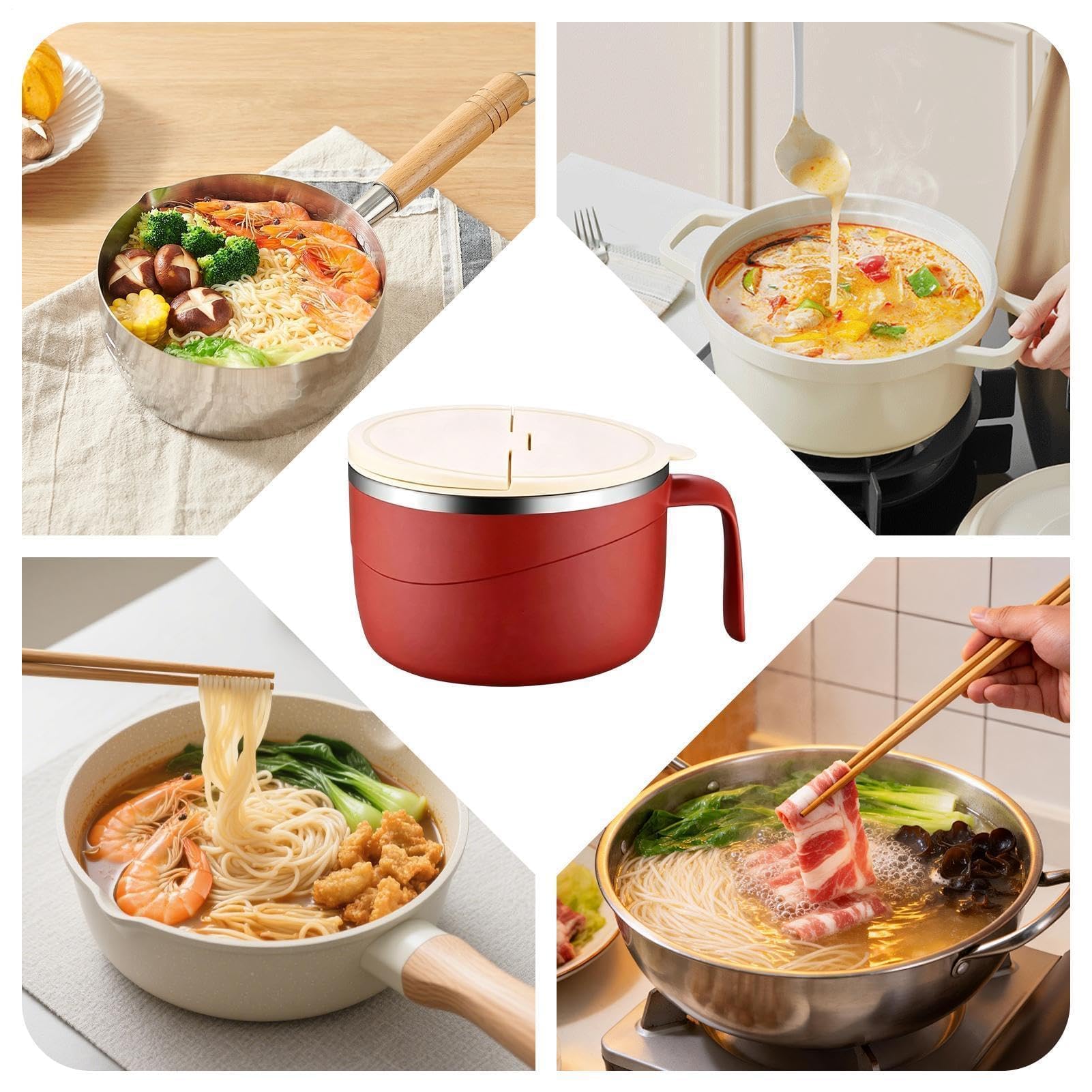 Instant Nudelschüssel - Doppelwandige Edelstahl-Kochschüssel mit Deckel und Griff für Nudeln, Nudeln, Suppe, Müsli, Haferflocken - Perfekt für Küche, Wohnheim oder Büro