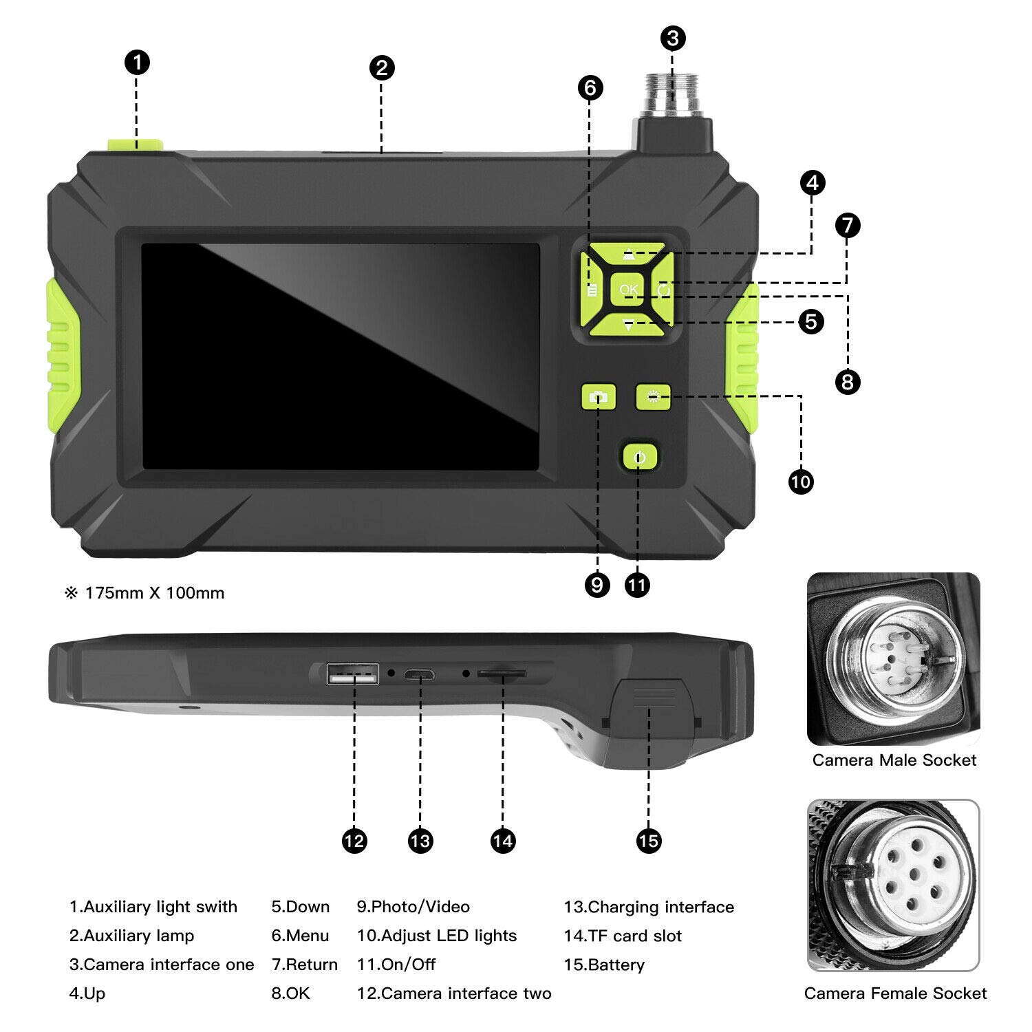 Riloer przemysłowy endoskop 1080P HD kamera inspekcyjna z ekranem LCD 4,3", 8 światełkami LED, sztywny kabel boroskop do samochodu/rurociągu/klimatyzacji, 10 metrów