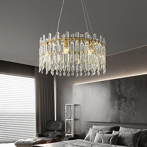 Miniatura 1 de fansimone Candelabro de cristal dorado de 23.6 pulgadas, moderno, simple, redondo, regulable, 8 luces, techo de acero inoxidable, corona de lujo,