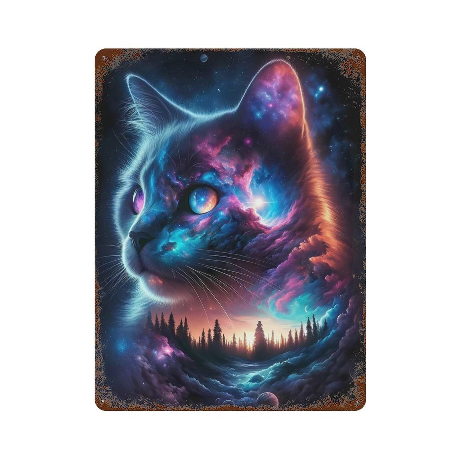 Cosmic Cat Weathered Tin Sign 15.7"x11.8", Classic Wall Plaque for Garage, Bar And Workshop Decor