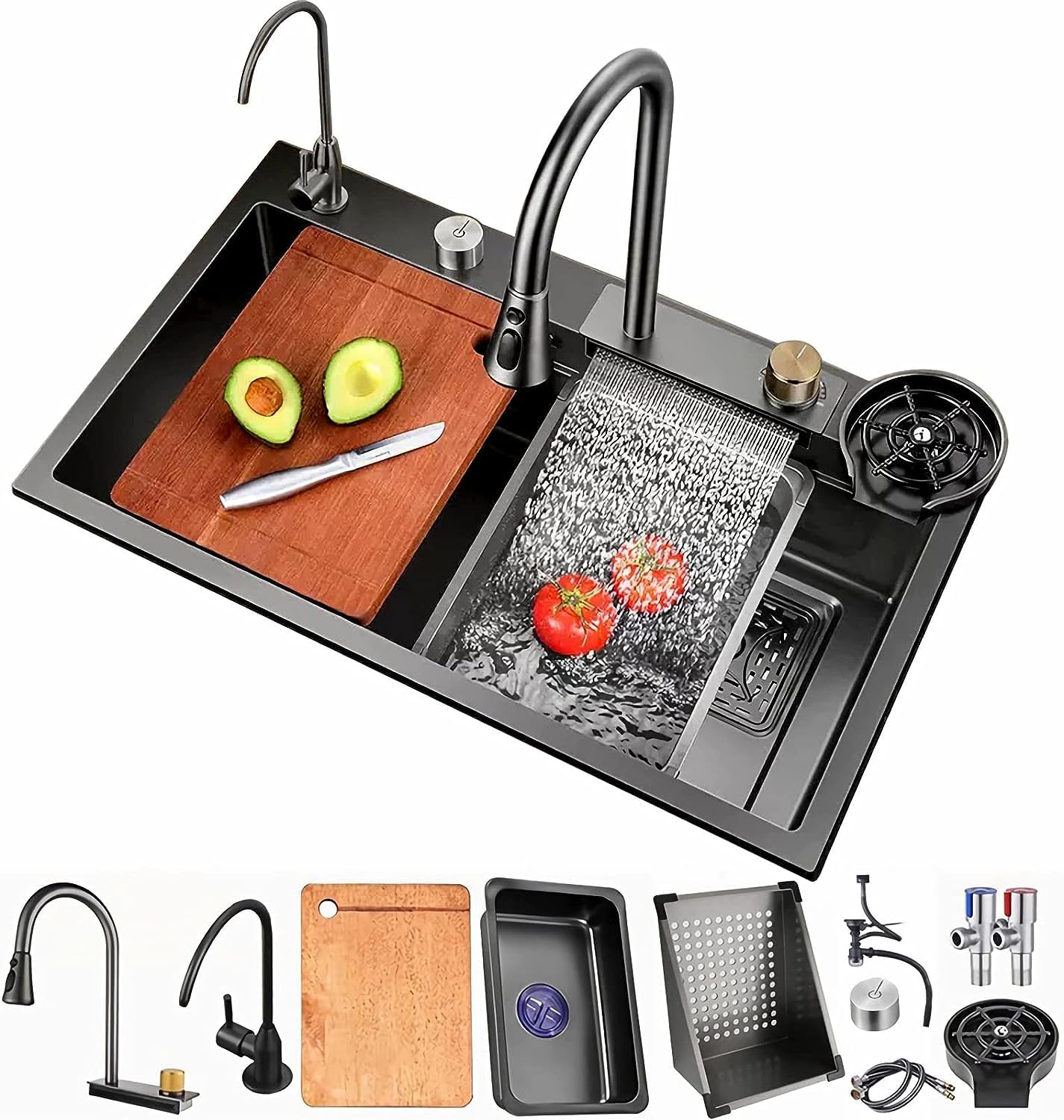 JOKSEEN Kitchen Sink with Integrated Waterfall and Pull-down Faucet (Set/304 Grade Stainless Steel Sink) with Cup washer & Drain Baskets (30x18x9 inch,Matt Black) (B0CG3JWZ1Y) Amazon Price History, Amazon Price Tracker