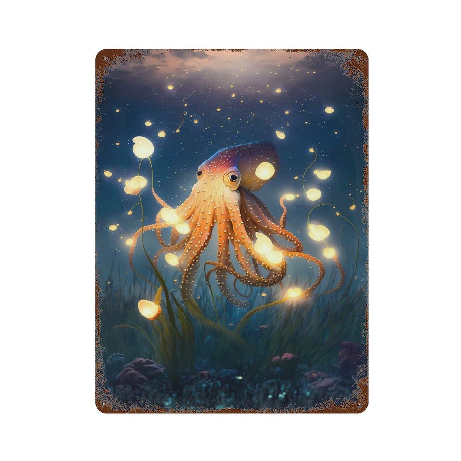 Rusty Metal Tin Sign with Octopus Fairyland Design 15.7"x11.8", for Farmhouse, Kitchen And Entryway Decor, Rustic Home Decor
