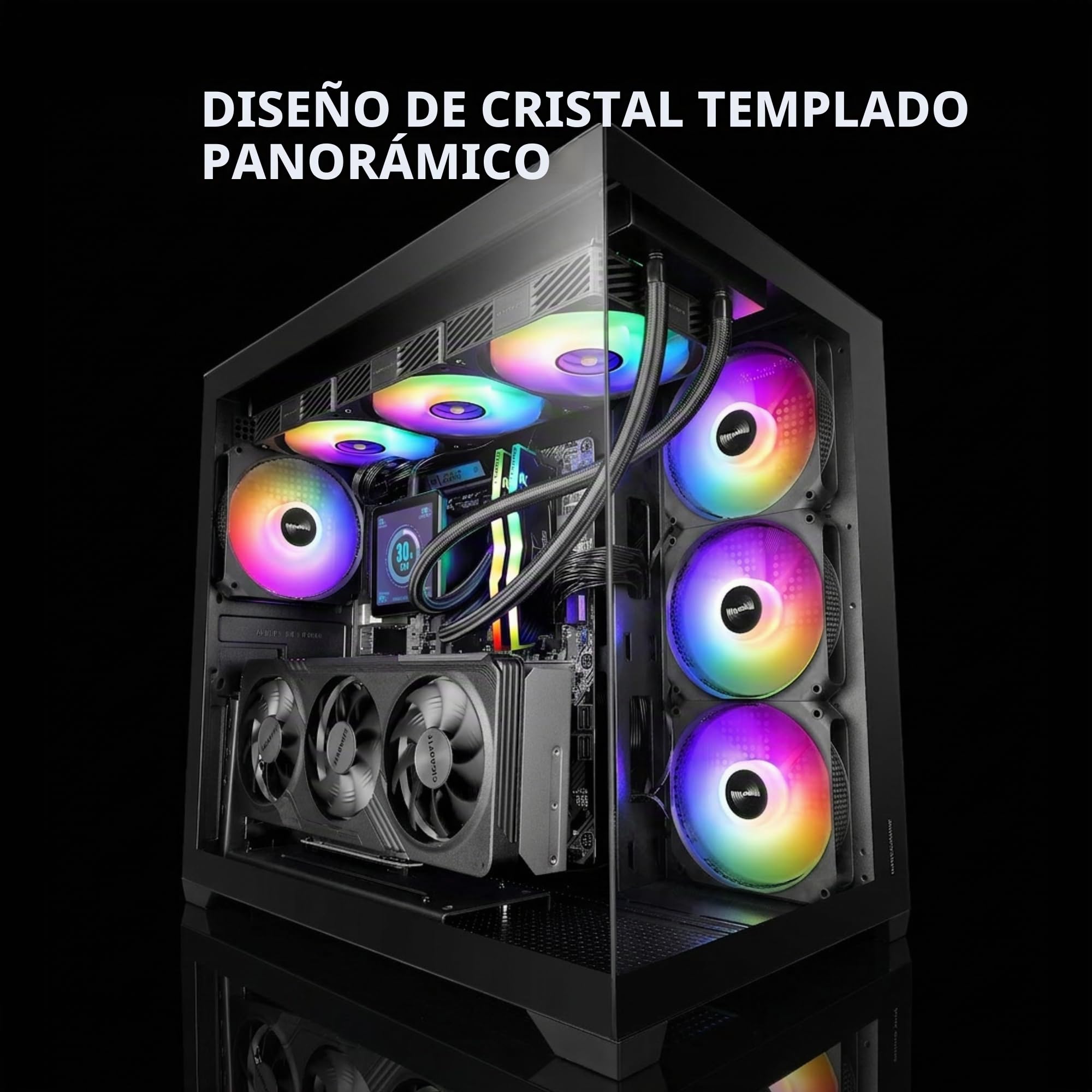 Mars Gaming MCV5, Caja PC ATX, Cristal Templado Panorámico, 4X Ventiladores ARGB 120mm, 7 Slots PCI Horizontales + 2 Slots PCI Verticales, Compatible con Placas Base de Conector Inverso, USB-C, Negro