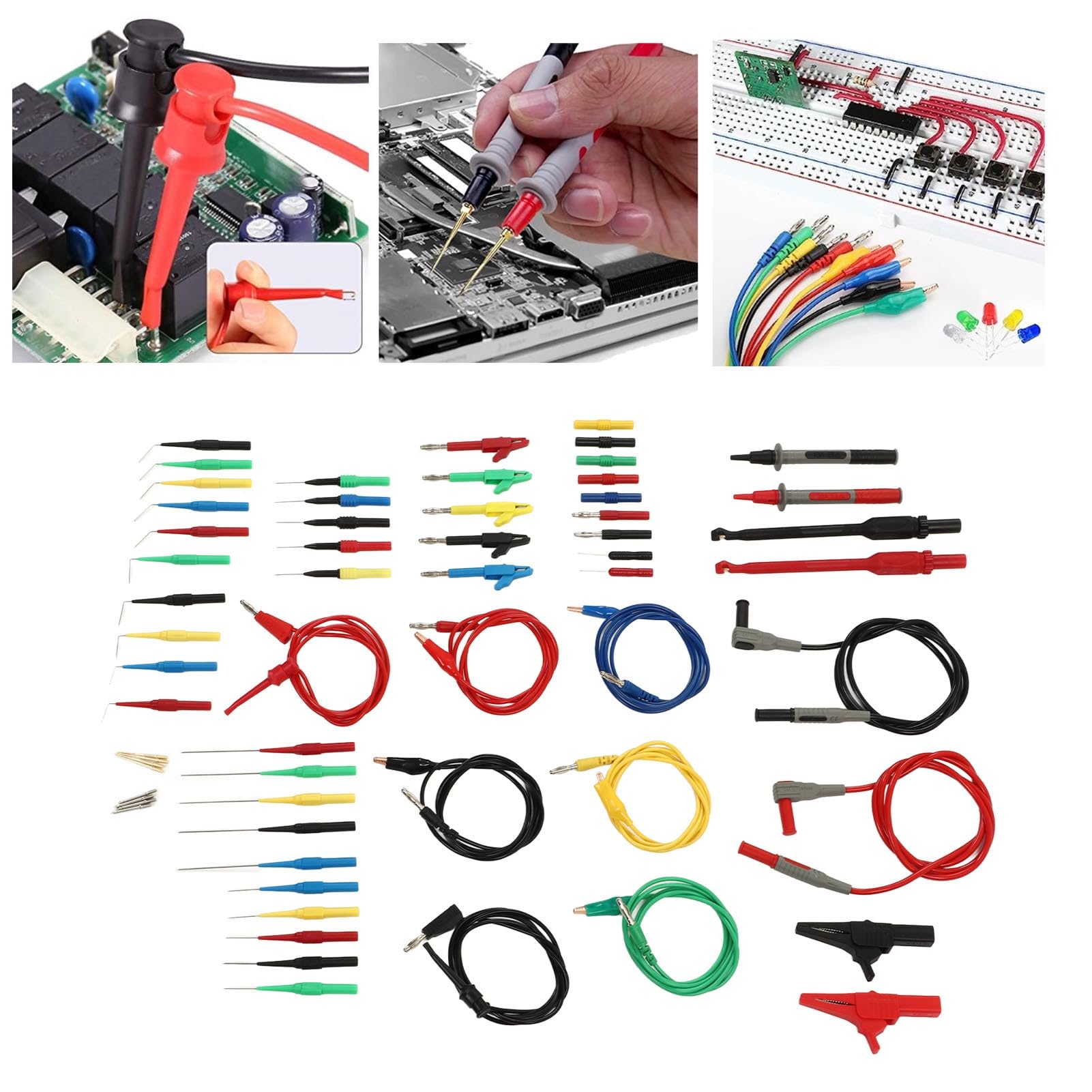 Juego de cables de prueba para multímetro de 62 piezas, puntas de prueba para multímetro digital con enchufe de banana, pinza de cocodrilo y sonda de aguja; kit de gancho de prueba