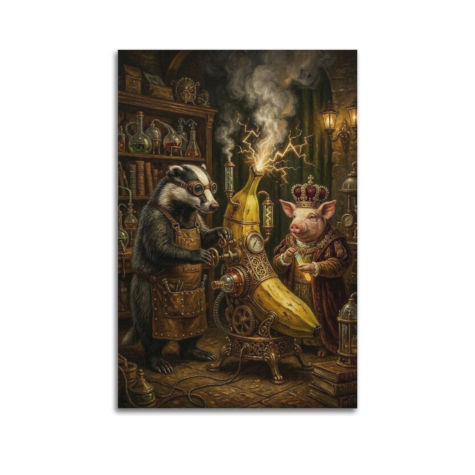 XKUGA Surreal Steampunk Animal Poster Badger Banana Experiment Modern Decorative Canvas Prints - Ideal Wall Art for Family, Man Cave, Game Room, Boys & Girls Bedroom 24x36inch(60x90cm)