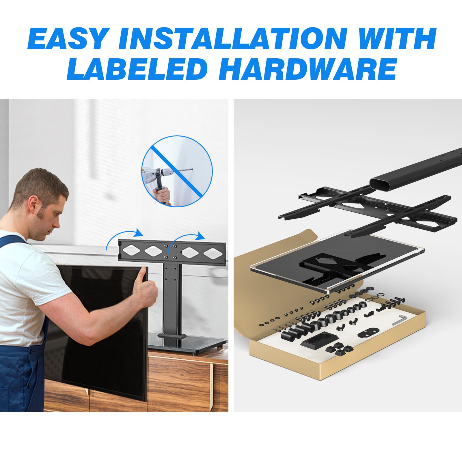 Rfiver Universal Table Top TV Stand TV Base Replacement for Most 27-60 Inch LCD LED Flat Curved Screen TVs Holds up to 88lbs, Height Adjustable TV Mount Stand with Tempered Glass Base, VESA 400x400mm