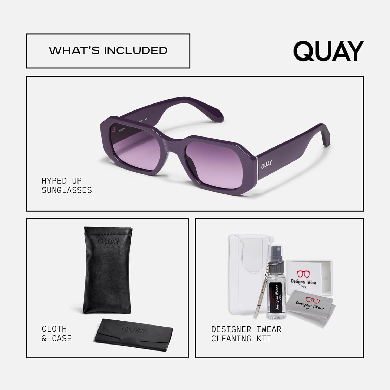 QUAY Hyped Up Square Sunglasses for Men for Women + BUNDLE with ACCESSORY EYEWEAR KIT
