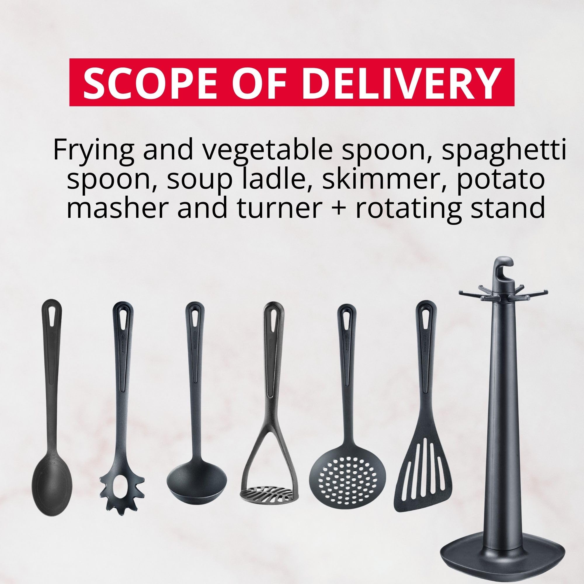 Westmark Przybory Kuchenne, Obrotowy Stojak z Tłuczkiem do Ziemniaków, Łyżką do Smażenia i Warzyw, Łyżką do Spaghetti, Chochlą, Cedzakiem i Łopatką, Czarny, Zestaw 7-Częściowy