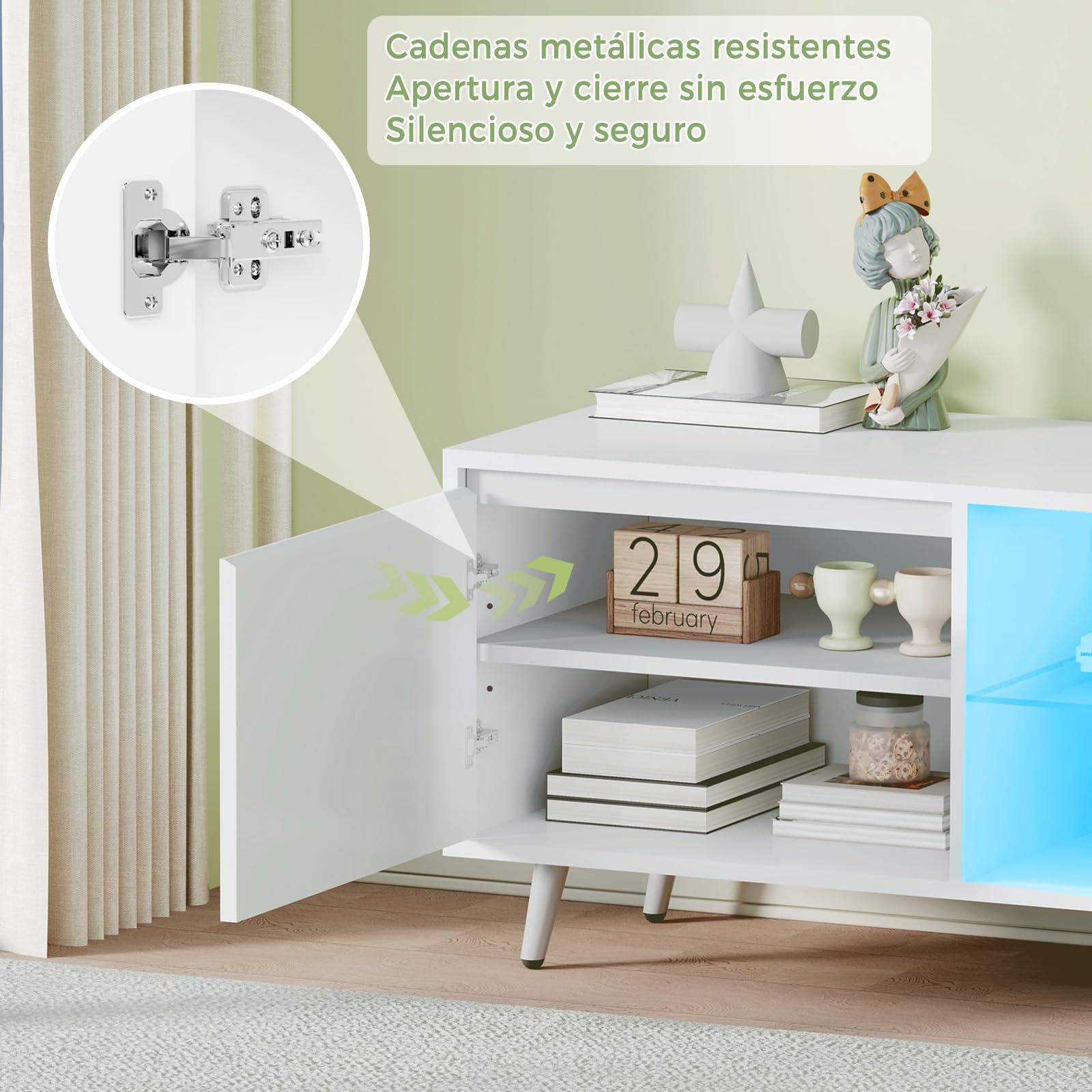 BEWISHOME Mueble TV con Luz LED Ajustable, Ideal para Dormitorio, Oficina | Mesa TV Salón Moderna de 2 Puertas, Soporte de TV con Estantes de Vidrio Ajustables en Altura, 148x40x49.5 cm EKDG04W