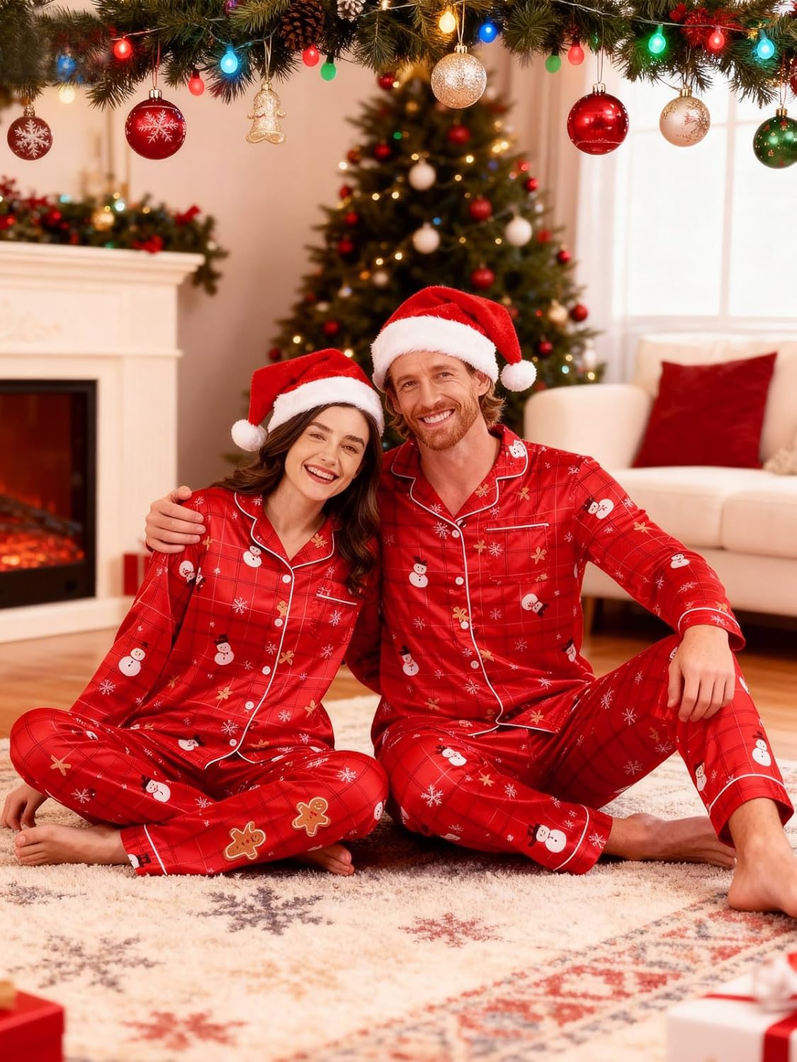 Christmas Pajamas Silk Satin Long Sleeve Button Down Matching Pjs Set Holiday Sleepwear Loungewear Couples Men Women Red - Image 4