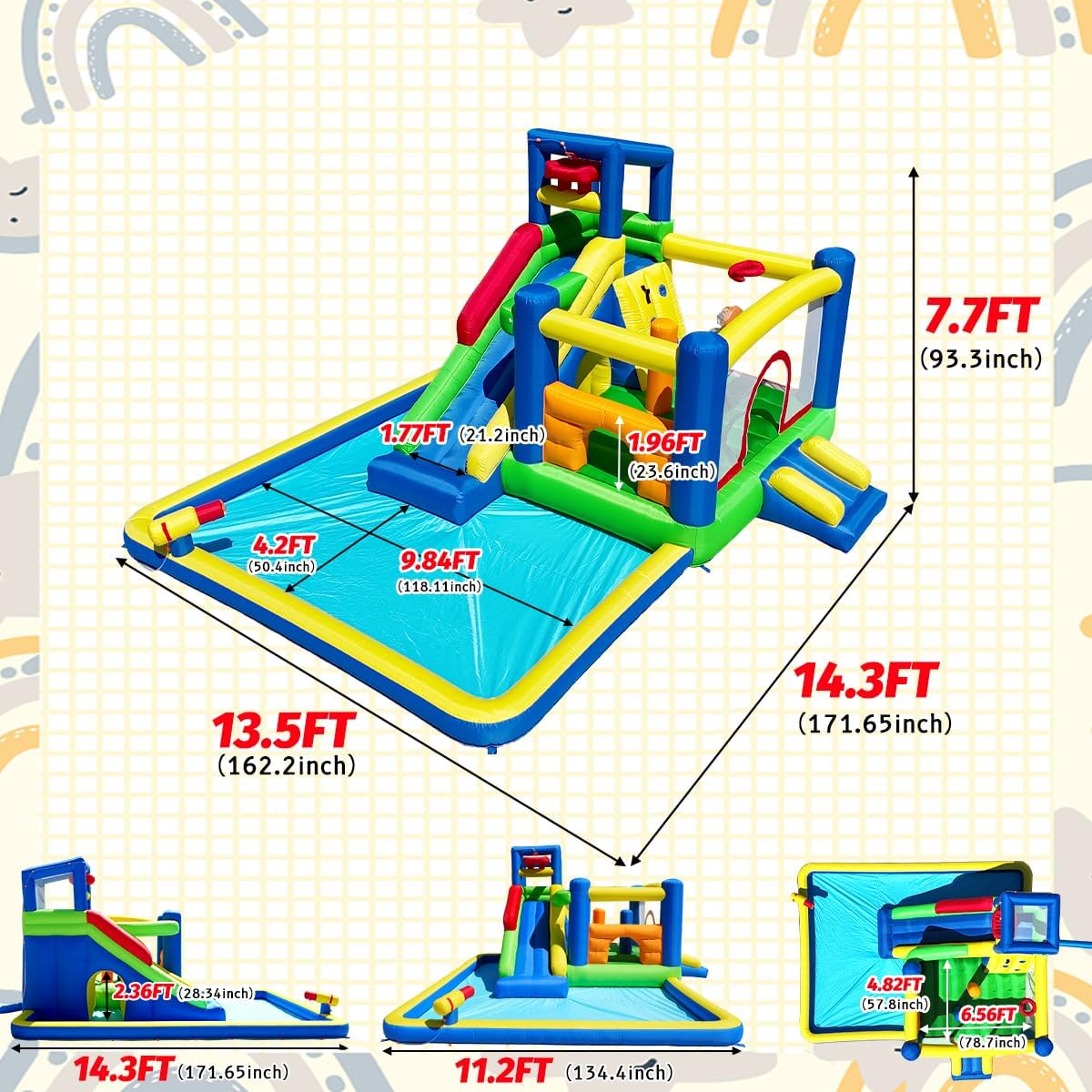 Baralir Upgrade 14.3x13.5FT Inflatable Water Park & Bounce House with Large Splash Pool, Long Slide, Climbing Wall, Basketball Hoop, Craw-Through Hole and Tunnel for Endless Summer Fun