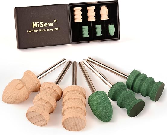 Hisew Leather Edge Burnishing Bits – Standard Set of 6 for Smoothing & Polishing Medium-Firm Leather Edges, Like Veg-Tan (400 Grit Sanding Bits + Beechwood Burnishers), Compatible with Rotary Tools