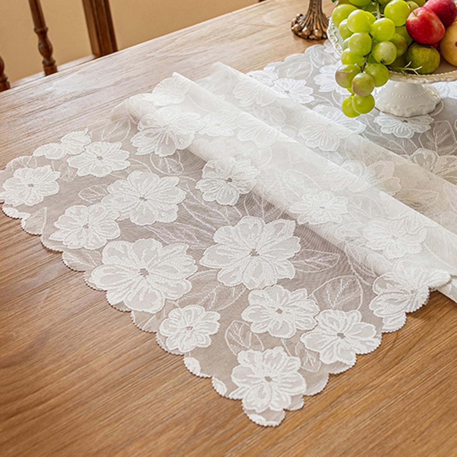 Tischläufer Polyester Landhausstil, Tischläufer Wohnzimmer 45x240 cm, Weiße Spitze mit Floraler Stickerei