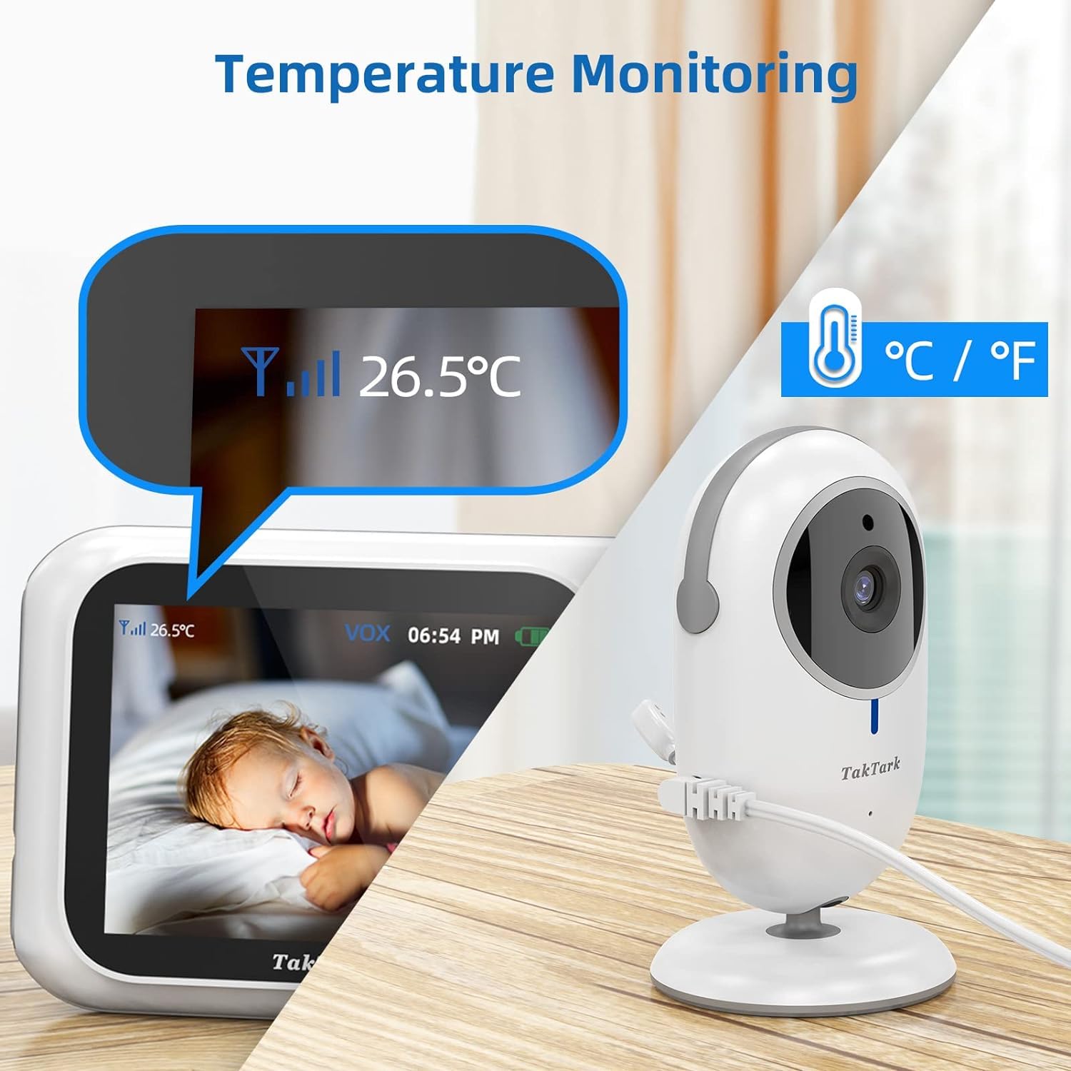 TakTark Baby Monitor Video e Audio, 3.2'' IPS 750mAh Telecamera Bambini con Monitor Video Baby Monitor Videocamera VOX, Visione notturna, Comunicazione Bidirezionale Sensore di temperatura