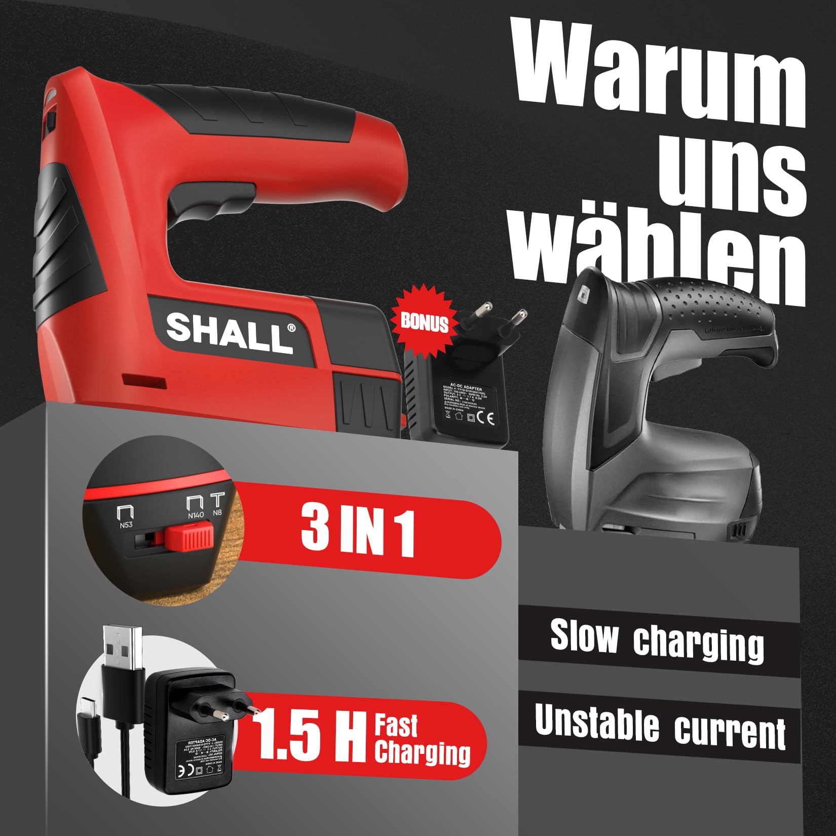 SHALL Agrafeuse électrique 3 en 1, agrafeuse sans fil pour tapisserie d'ameublement avec 2500 agrafes, dégrafeuse et chargeur rapide pour travaux manuels, bricolage, décoration