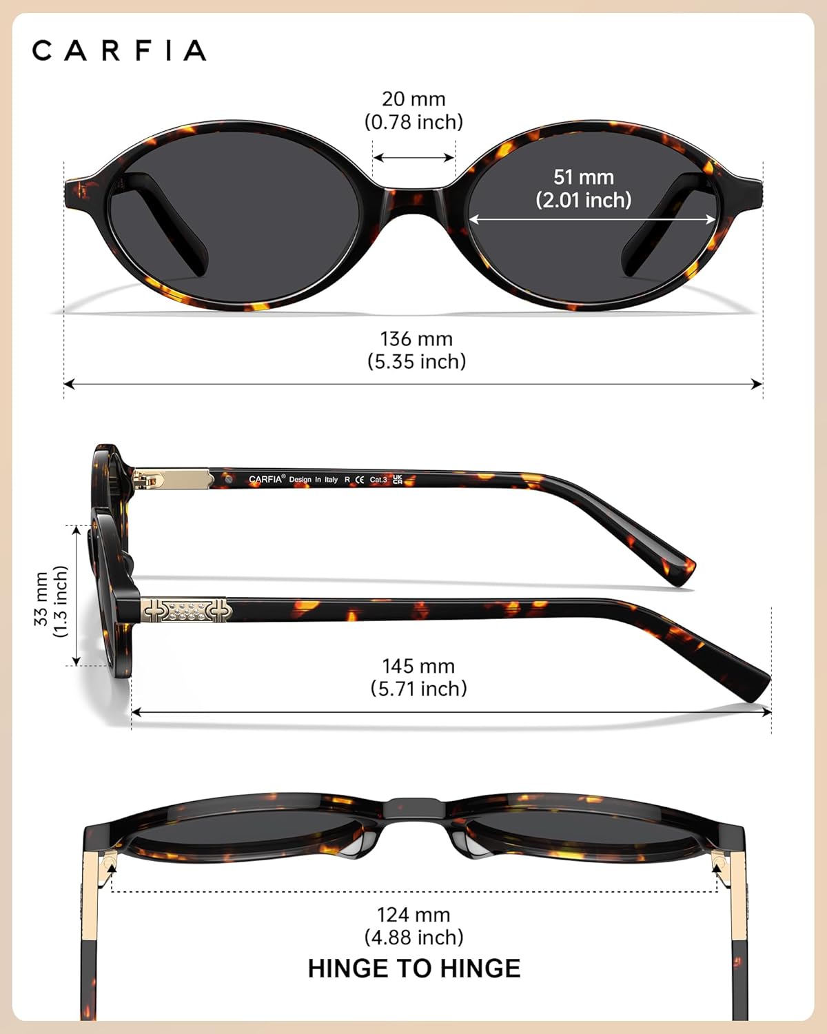 CARFIA Acetate Polarized Sunglasses for Women UV Protection Narrow Shades Classic Trendy Oval Sun Glasses CA6602