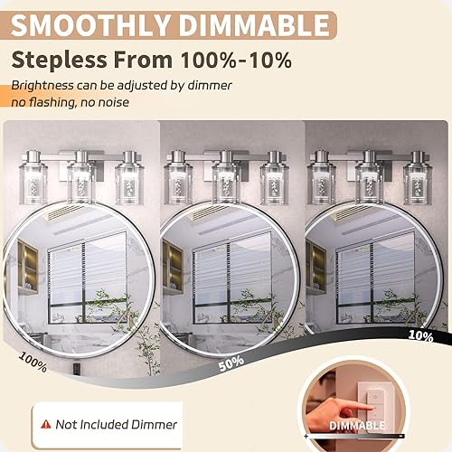 Miniatura 3 de Quntis Lámpara de baño, lámpara de tocador de baño de 3 luces de níquel cepillado, accesorios de iluminación de baño sobre espejo con vidrio de