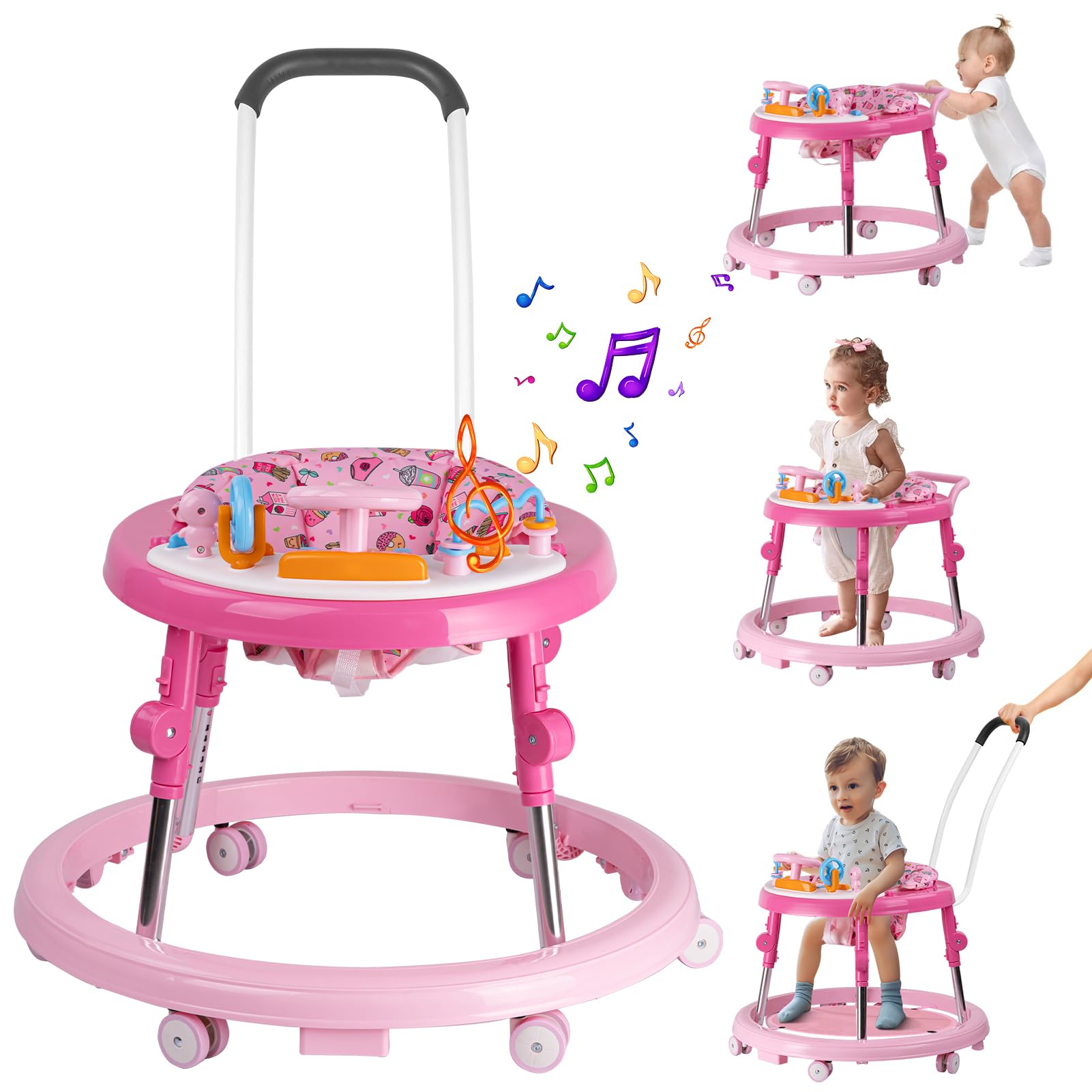 Baby Walker, Activity Center with Feeding Tray & Music, 9-Gear Height Adjustable Foldable Baby Walker for Boys and Girls from 6-18 Months with Push Handle, Footrest, Mute Wheels Anti-Rollover