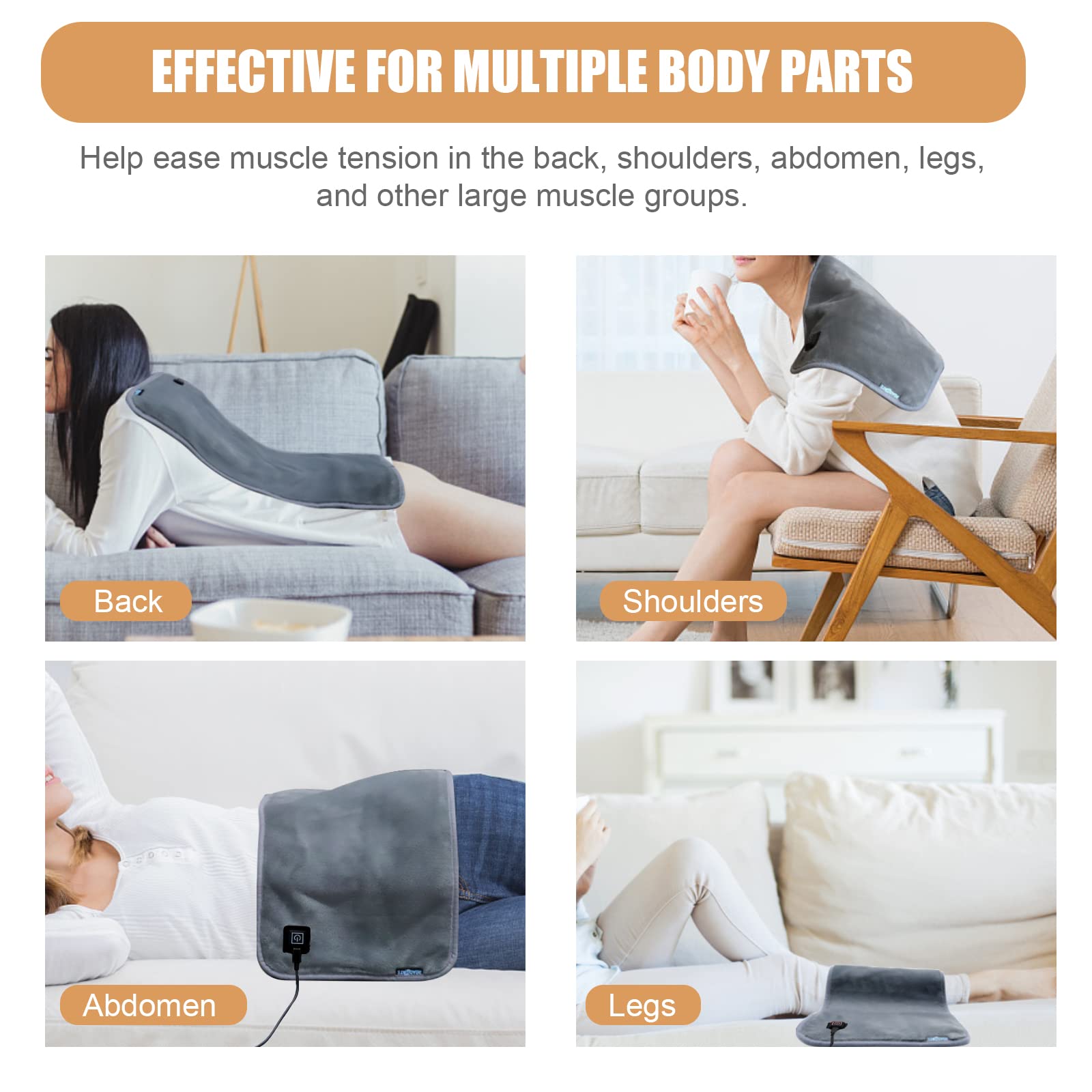 ROADDPMATE USB Powered Heating pad for Back, Neck, and Shoulder Pain Relief with Two Straps - Dry & Moist Heat Therapy Option, 1 Hour Auto Shut Off, 12" x 24" (Gray)