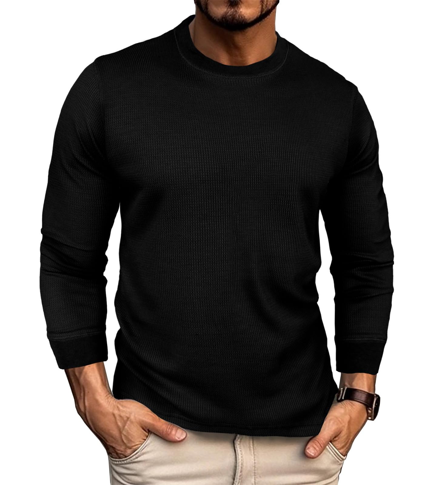 Men's Long Sleeve Waffle Pullover Thermal Shirt Crew Neck Top Underwear Basic Casual T Shirt Black