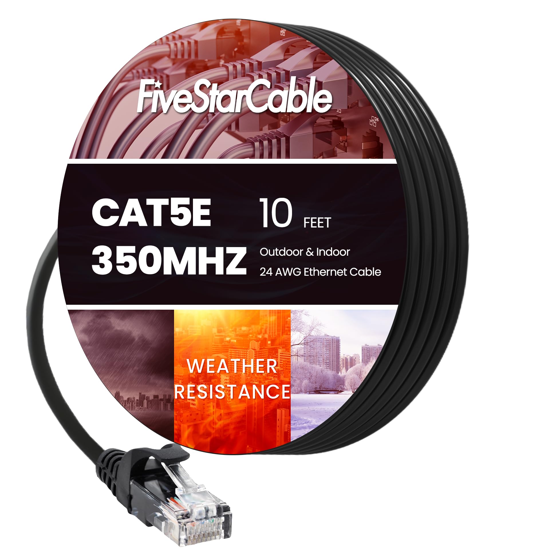FiveStarCable Cat5e Ethernet Cable 10 feet Black, High-Speed Internet Network Cable, PoE, RJ45 Connector, Gigabit LAN Snagless Patch Cord for Router,
