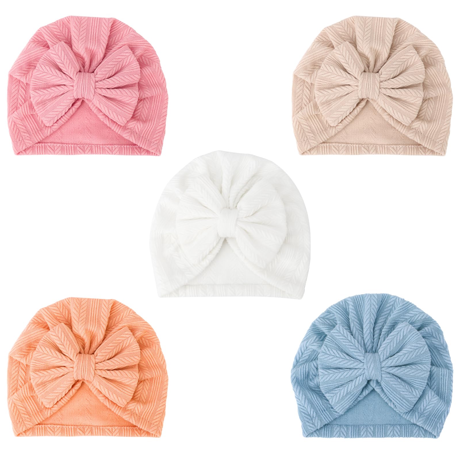 DRESHOW 5 Pieces Baby Turban Hats Turban Bun Knot Infant Beanie Baby Girl Soft Cute Toddler Cap