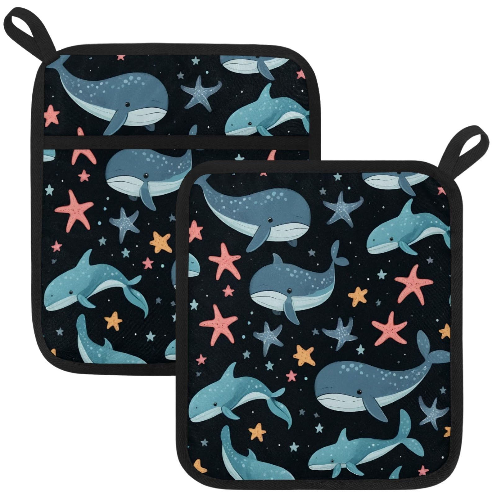 VAPOKF Cute Whale Pot Holders with Pocket for Kitchen Heat Resistant Potholders Large Polyester-Cotton Square Oven Mitts Set