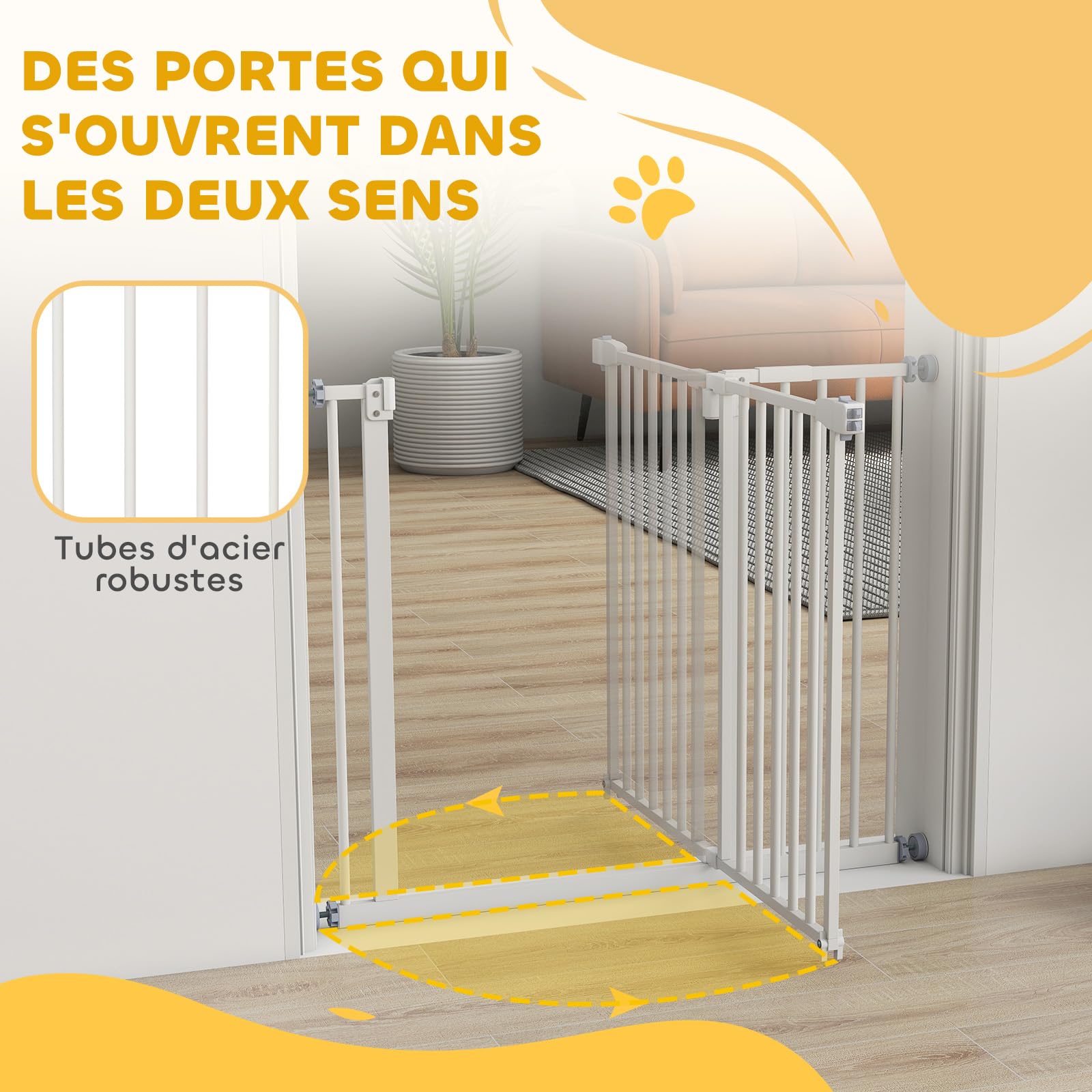 PawHut Barrière de sécurité sans perçage largueur réglable 74-80/91,5-97,5 cm Double Verrouillage Fermeture Automatique barrière Chien pour Porte Couloir escalier Acier Blanc
